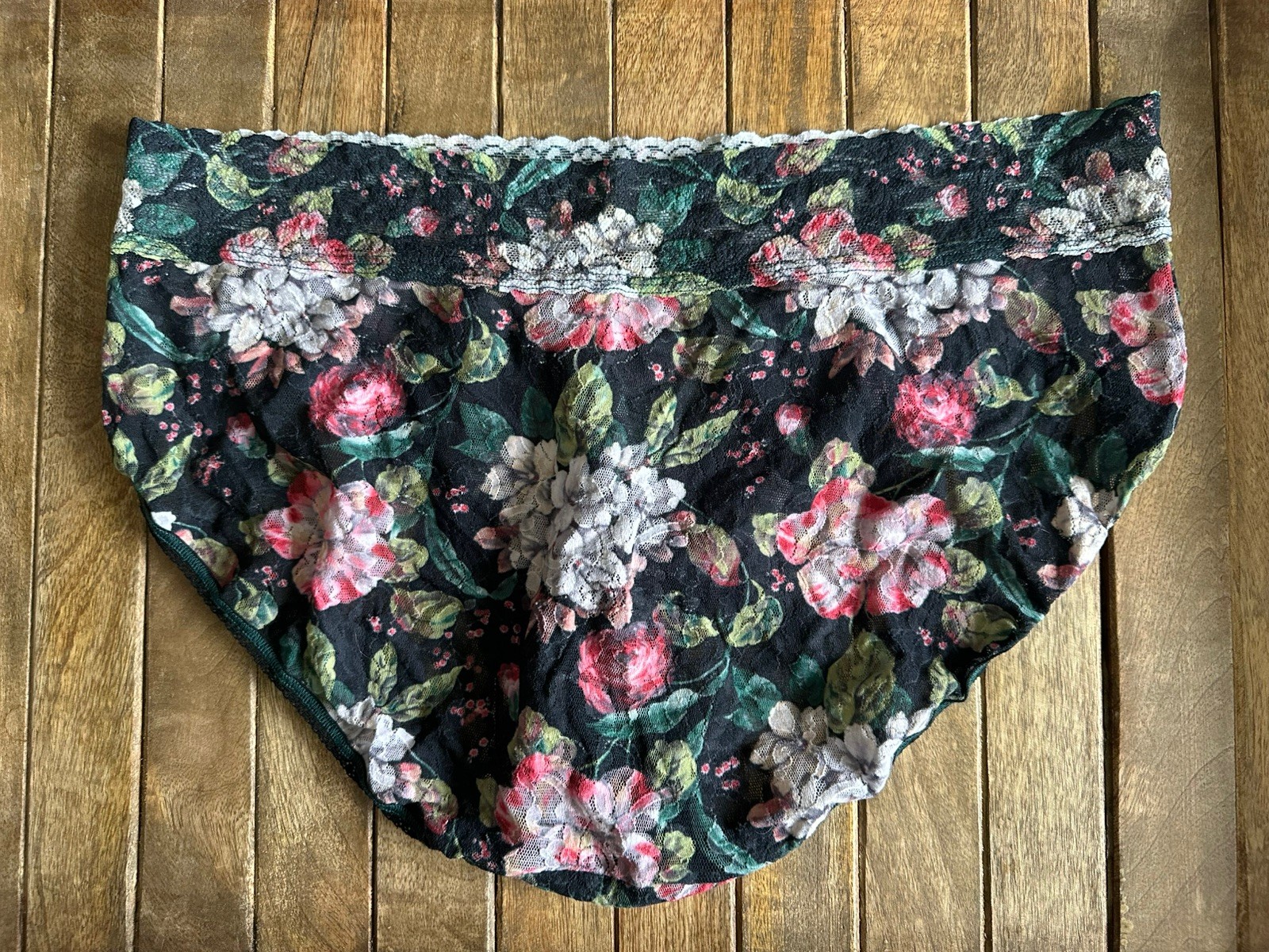 Vtg Hanky Panky 1X Black Lace Floral Coquette Bikini Brief Panties