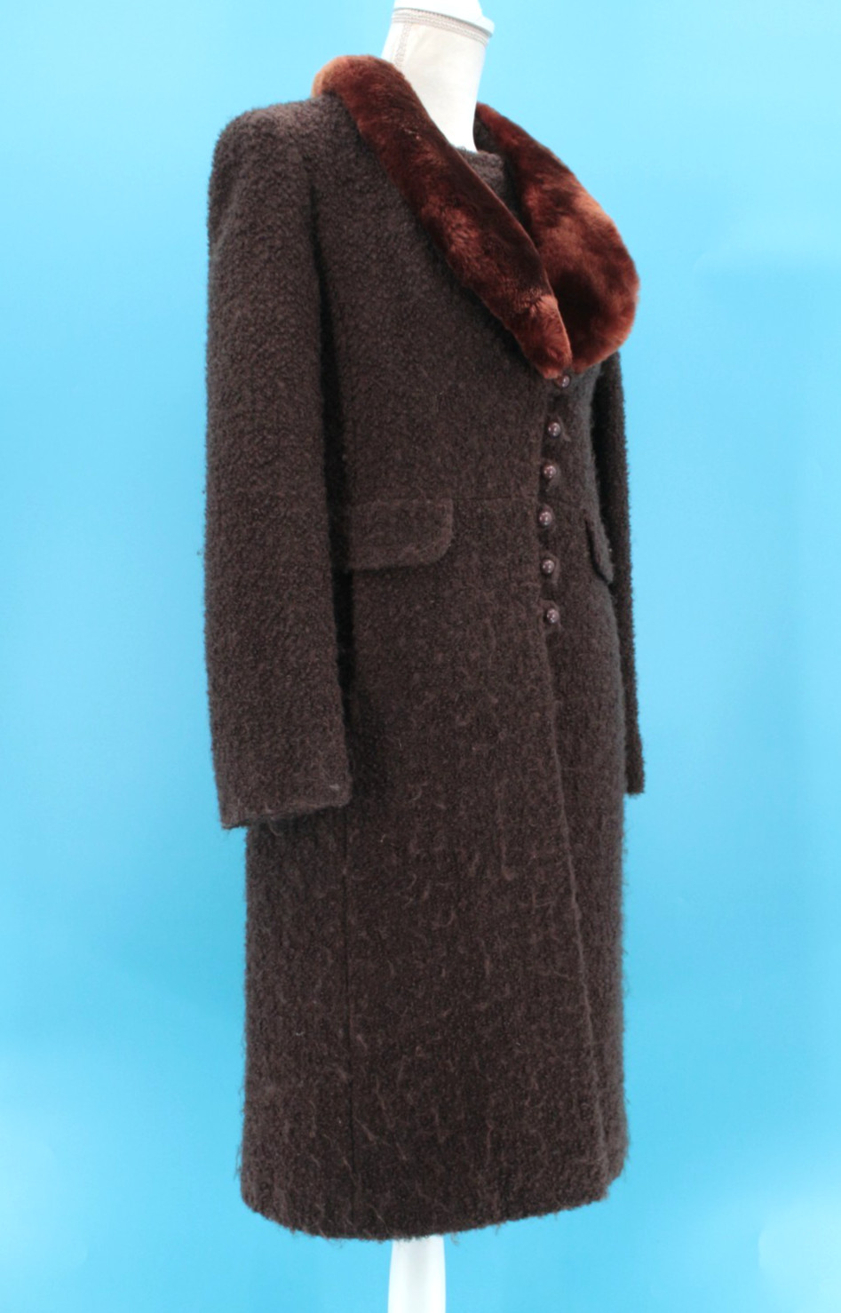 VTG Women’s 60s Dark Brown Boucle’ Wool Fur Collar Coat Sz S/M 1960s Mansfield