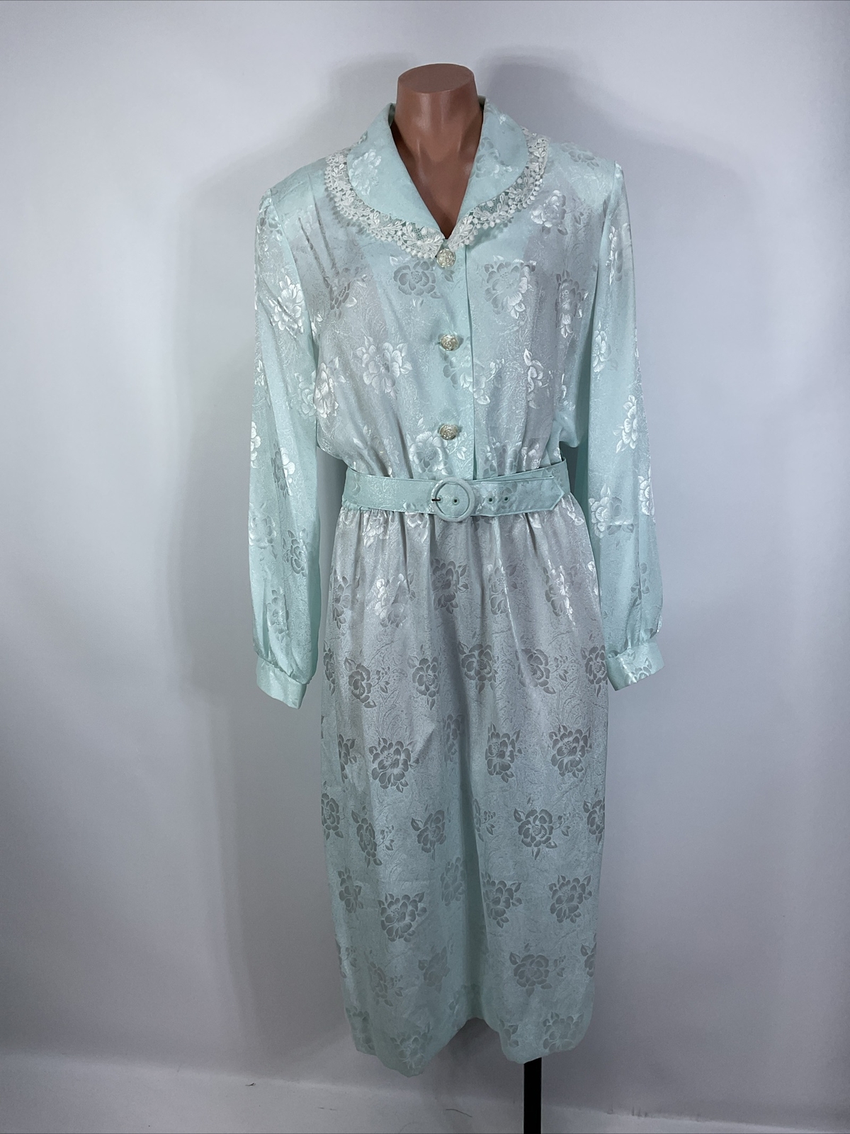 Vintage Victoria Morgan Floral Dress Secretary 80s NOS Belted Shiny Cottagecore