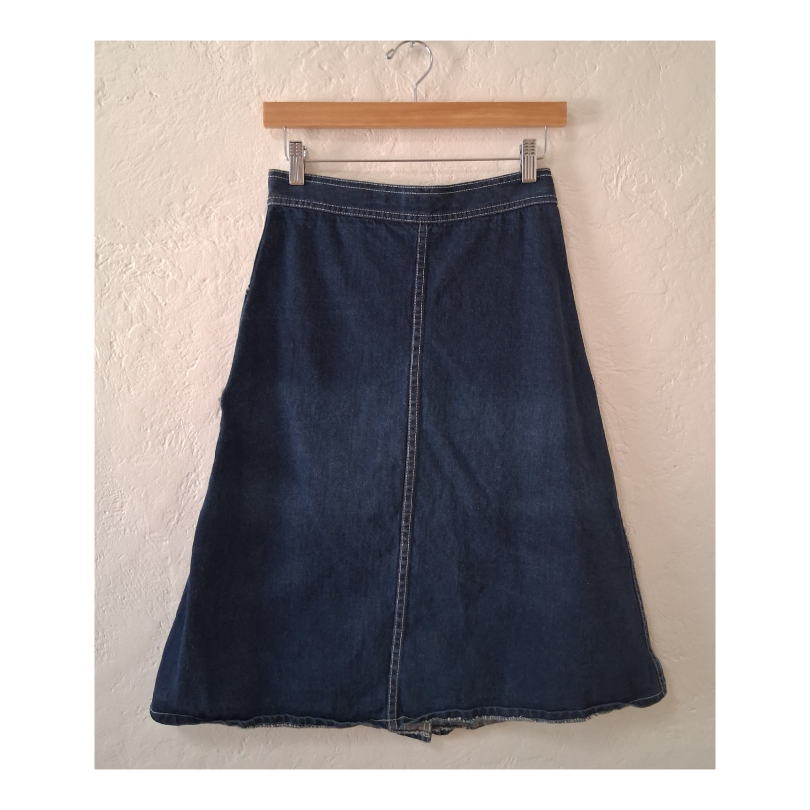 Vintage 70s Woolco Denim Skirt Snap Button Front High Waisted A-Line Midi…