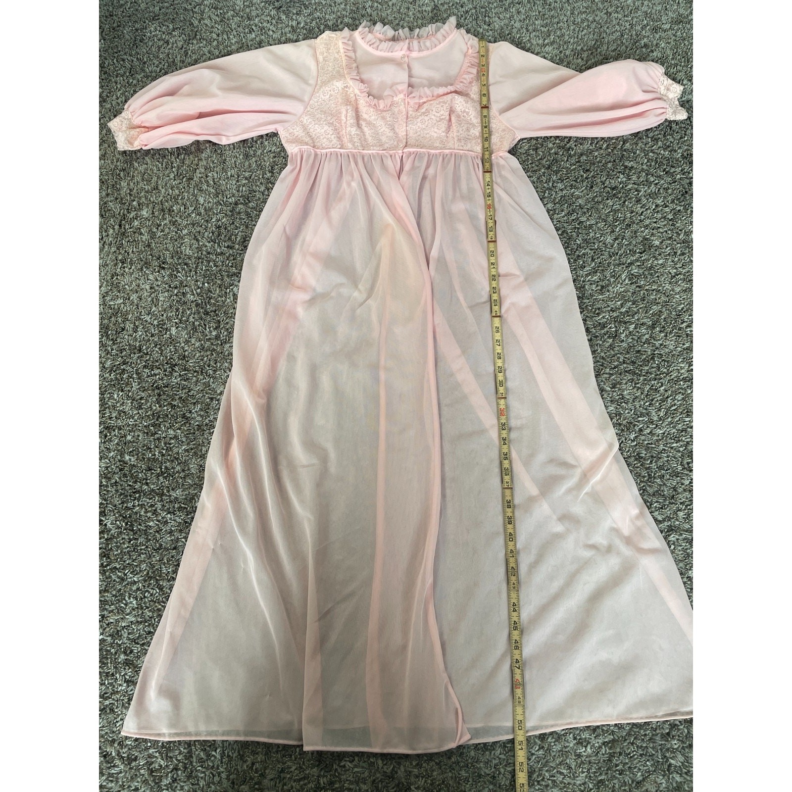 Vintage 70s Peignoir Set Large Pink Sheer Chiffon Lace Lingerie Babydoll 2 Piece