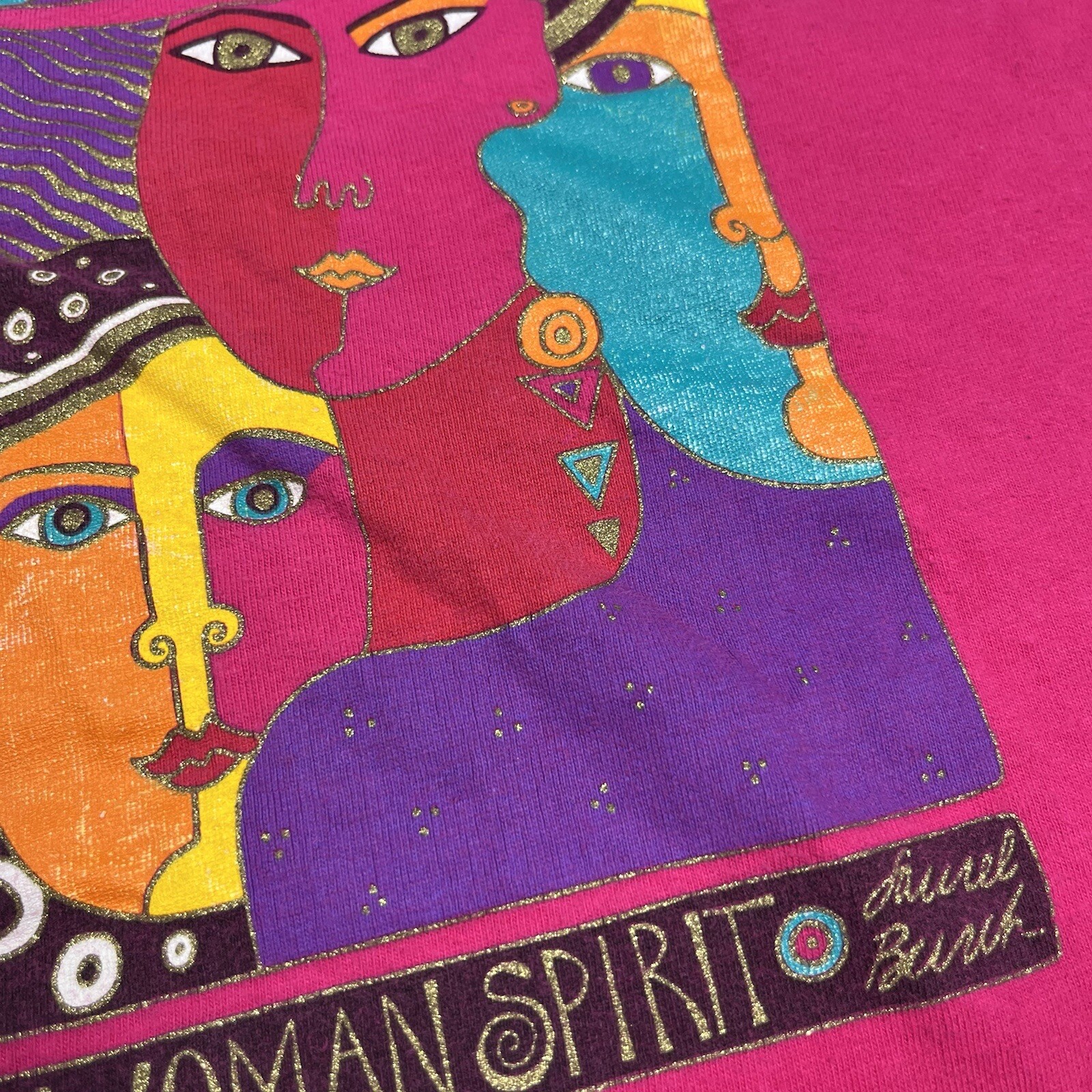 Vintage Laurel Burch Woman Spirit Pink Glitter Art To Wear T Shirt