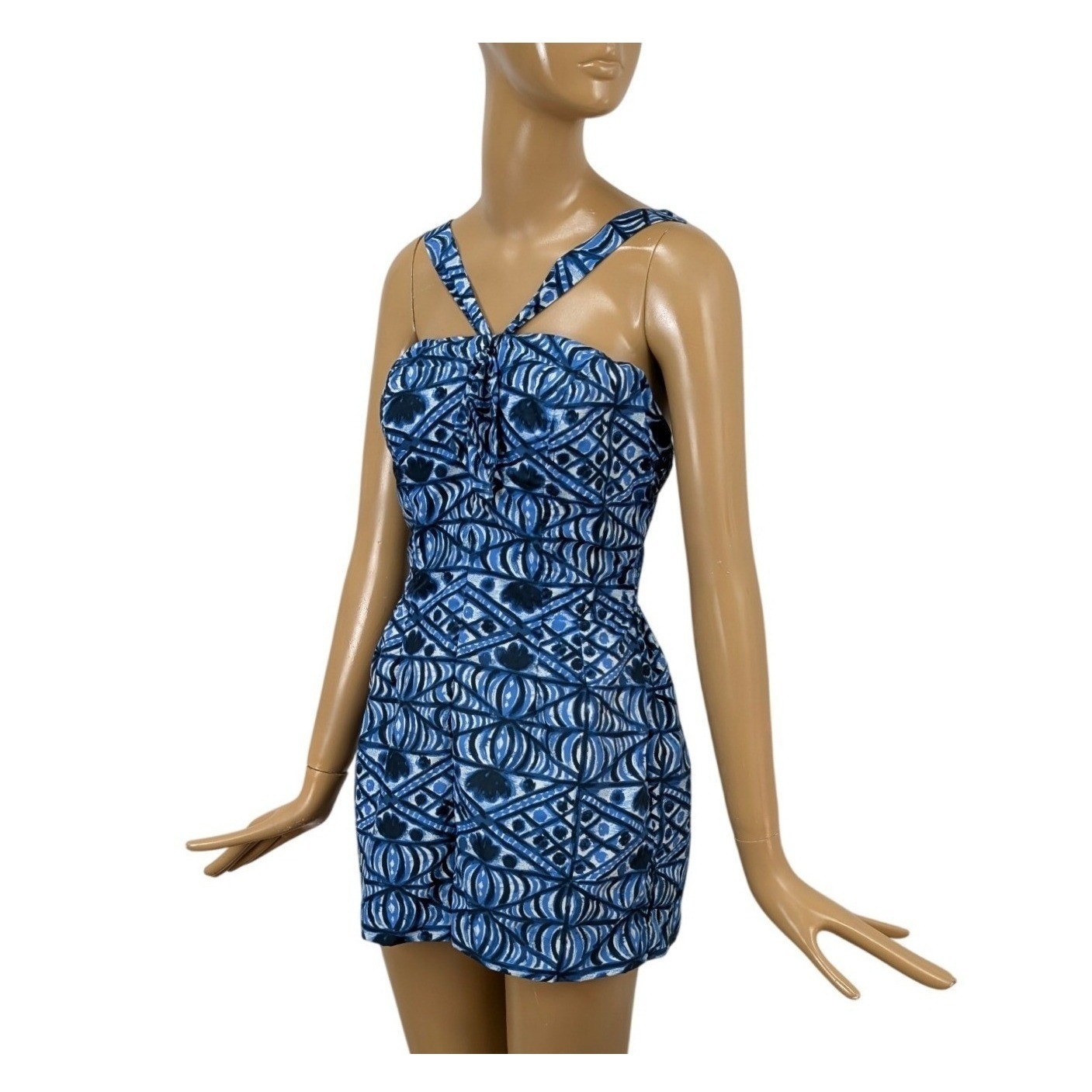 Vintage 1950s Pin Up Playsuit Jantzen Blue Tiki Hawaiian Swimsuit Beach Romper
