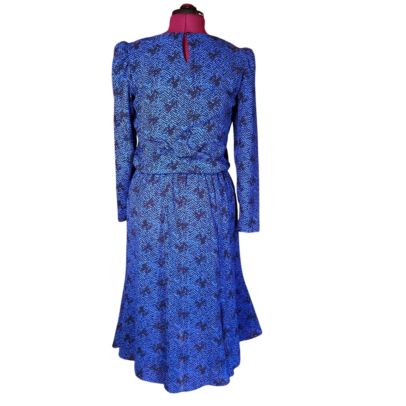 Vintage Alison Peters Blousen Dress Bow Novelty Print Dark Blue Womens Size 9/10