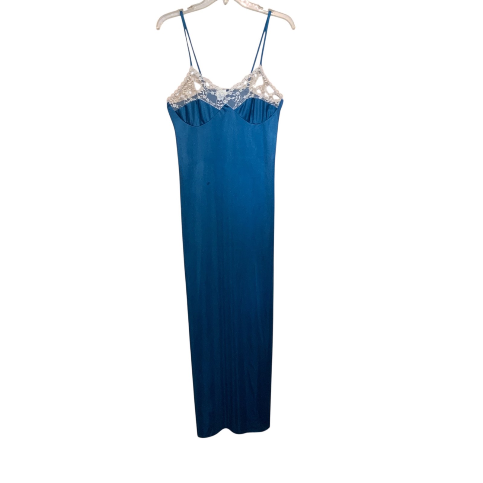 Vintage Stardust Long Teal Nightgown & Robe Set Lace Trim Modest 100% Nylon Sz M