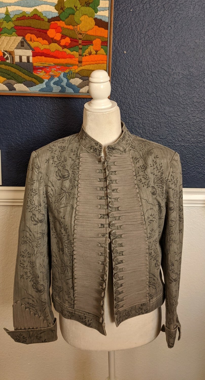 VTG Hunt Club 100% Cotton Gray Floral Military Button Jacket Sz Medium M