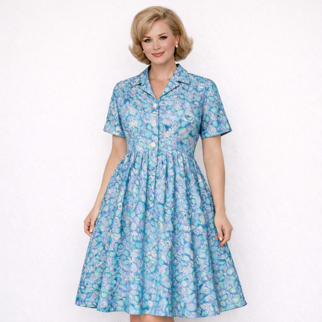 1960s Vintage 38″ Bust Mode O Day House Dress Turquoise Blue Pleat Floral #19