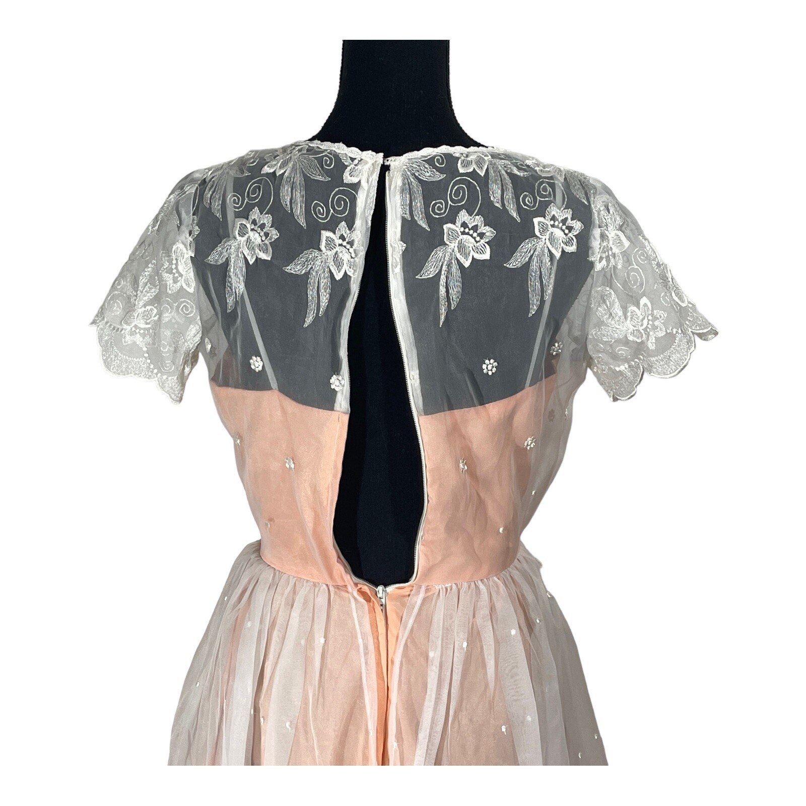 VTG 70s Party Tea Dress Women 5/6 Bridesmaid Chiffon Peach White Easter Prom