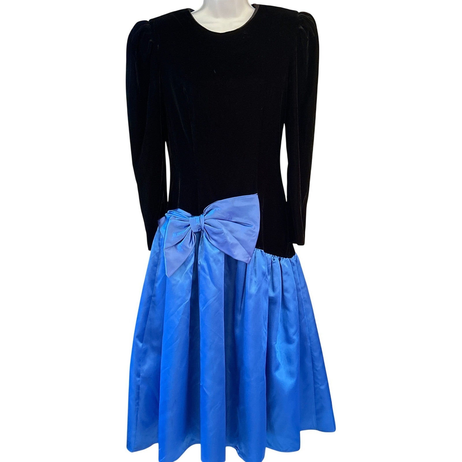 80s Pantagis Party Dress Velvet Satin Bow Prom Glam Retro Formal Old Hollywood