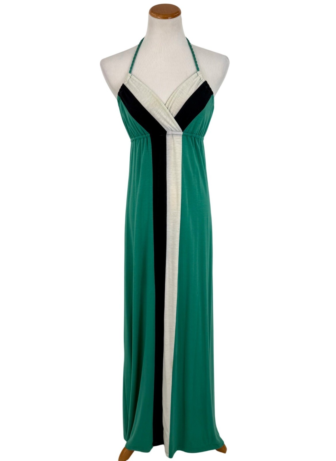 L8ter Vintage 90s Casual Green Gray Black Striped Color Block Halter Maxi Dress