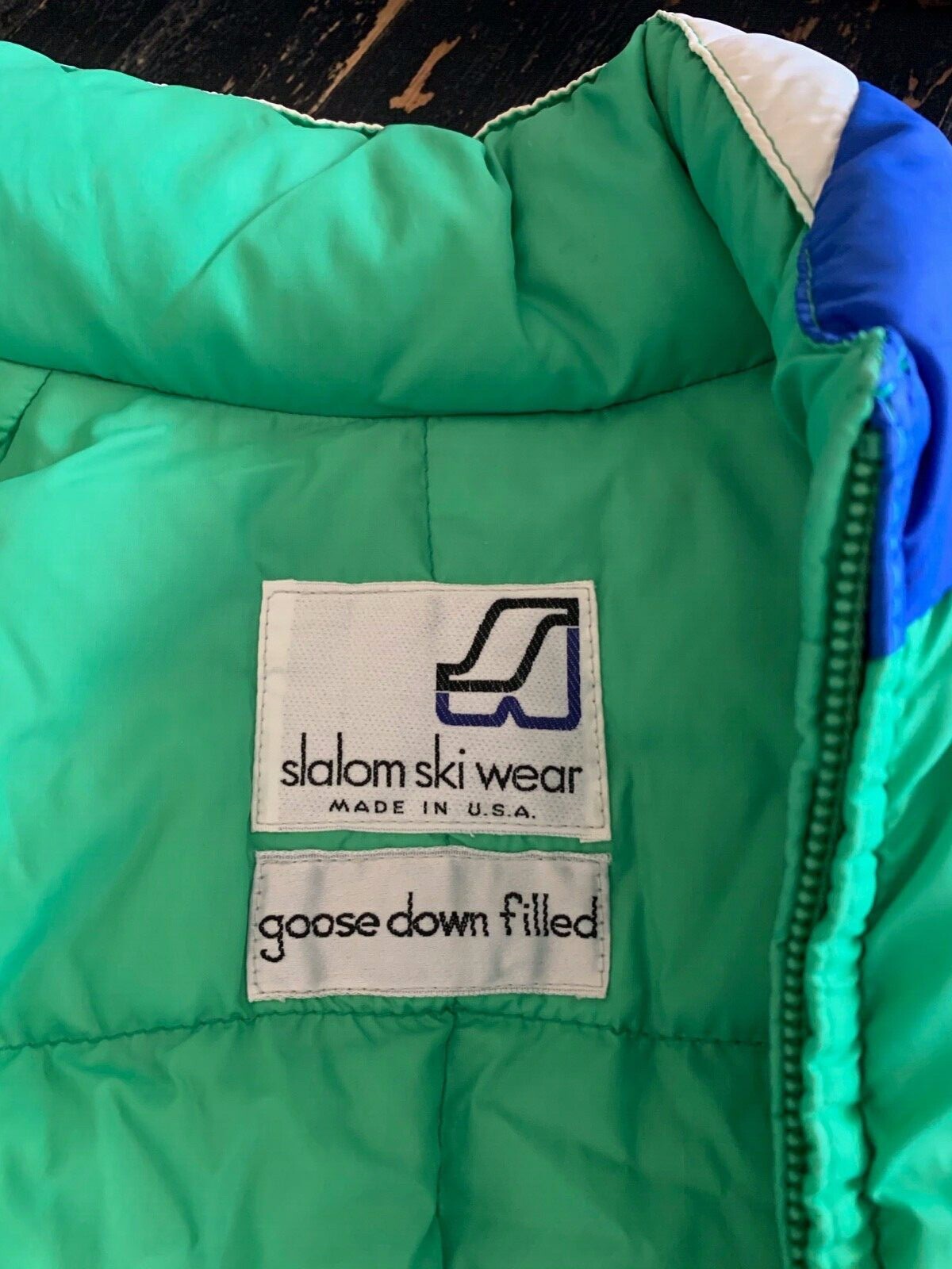 VINTAGE – 1970’s Slalom Ski Wear Down Filled Green Blue White PARKA Jacket Retro