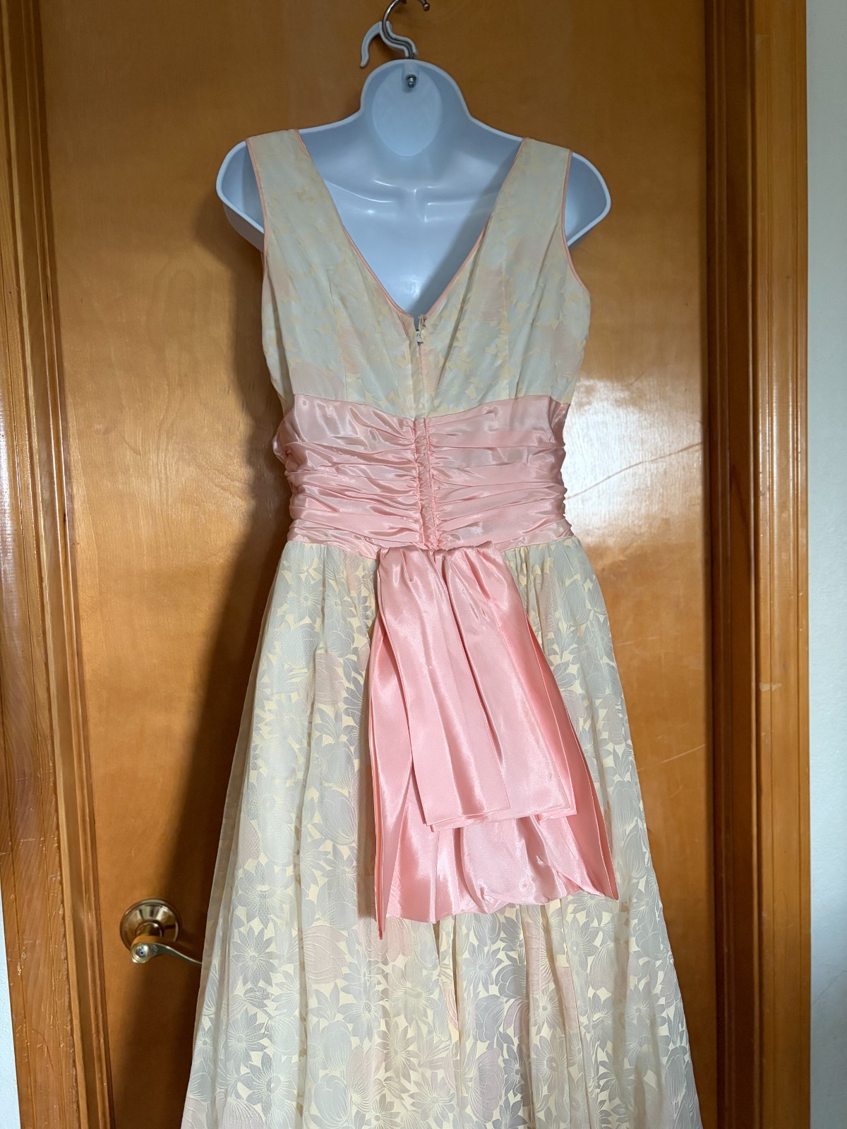Vintage 1950s Organza Floral Party Dress S, Pink Satin Cummerbund Sash Fit & Fla