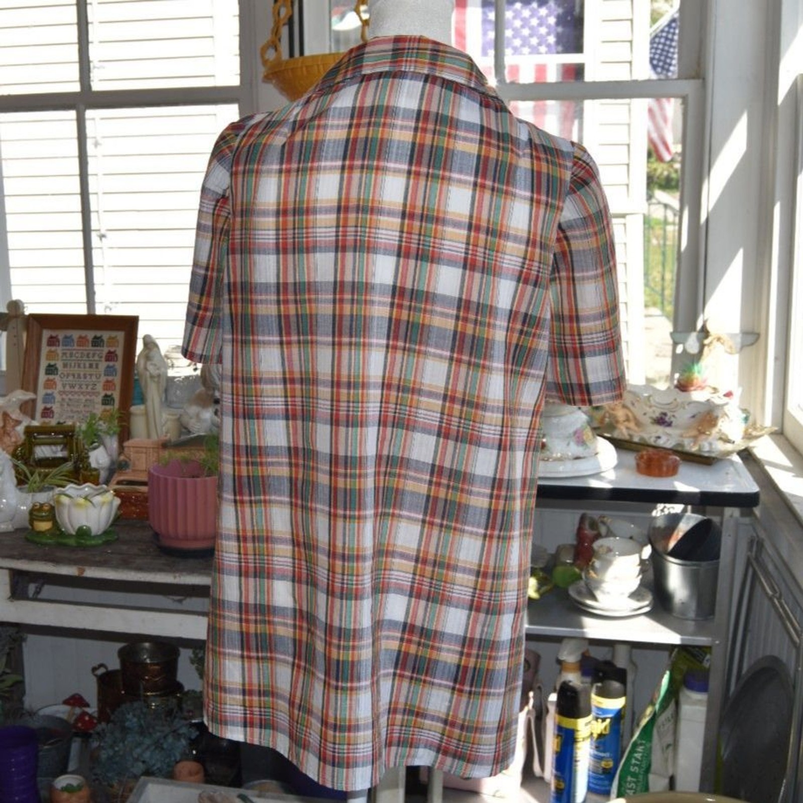 Vintage 1970s Plaid Cotton Blouse Empire Yoke Top Prairie Folk Shirt Medium