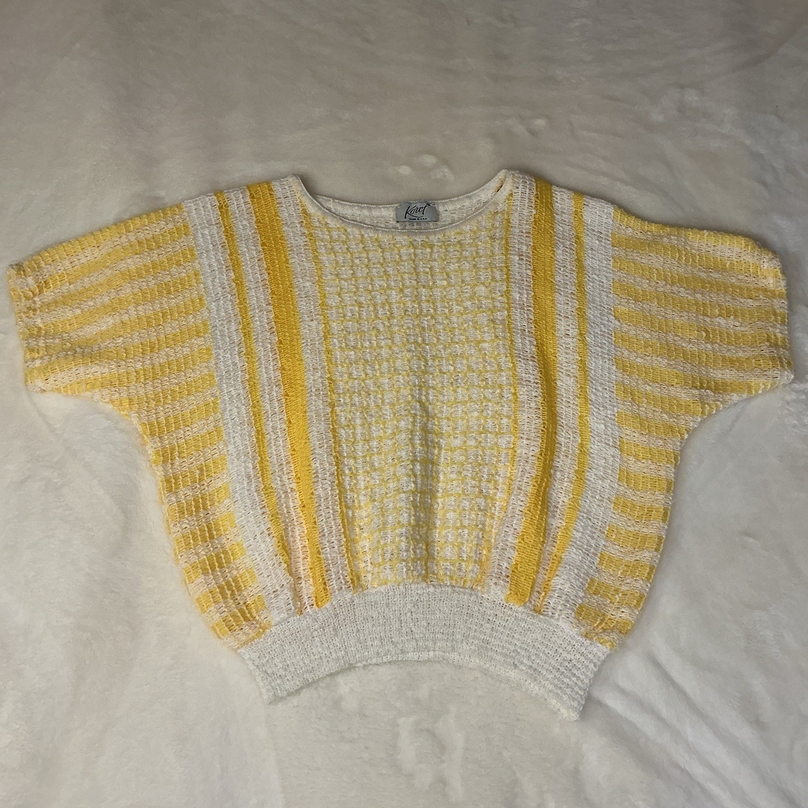 Koret Vintage 80s Batwing Open Knit Sweater White Yellow Striped