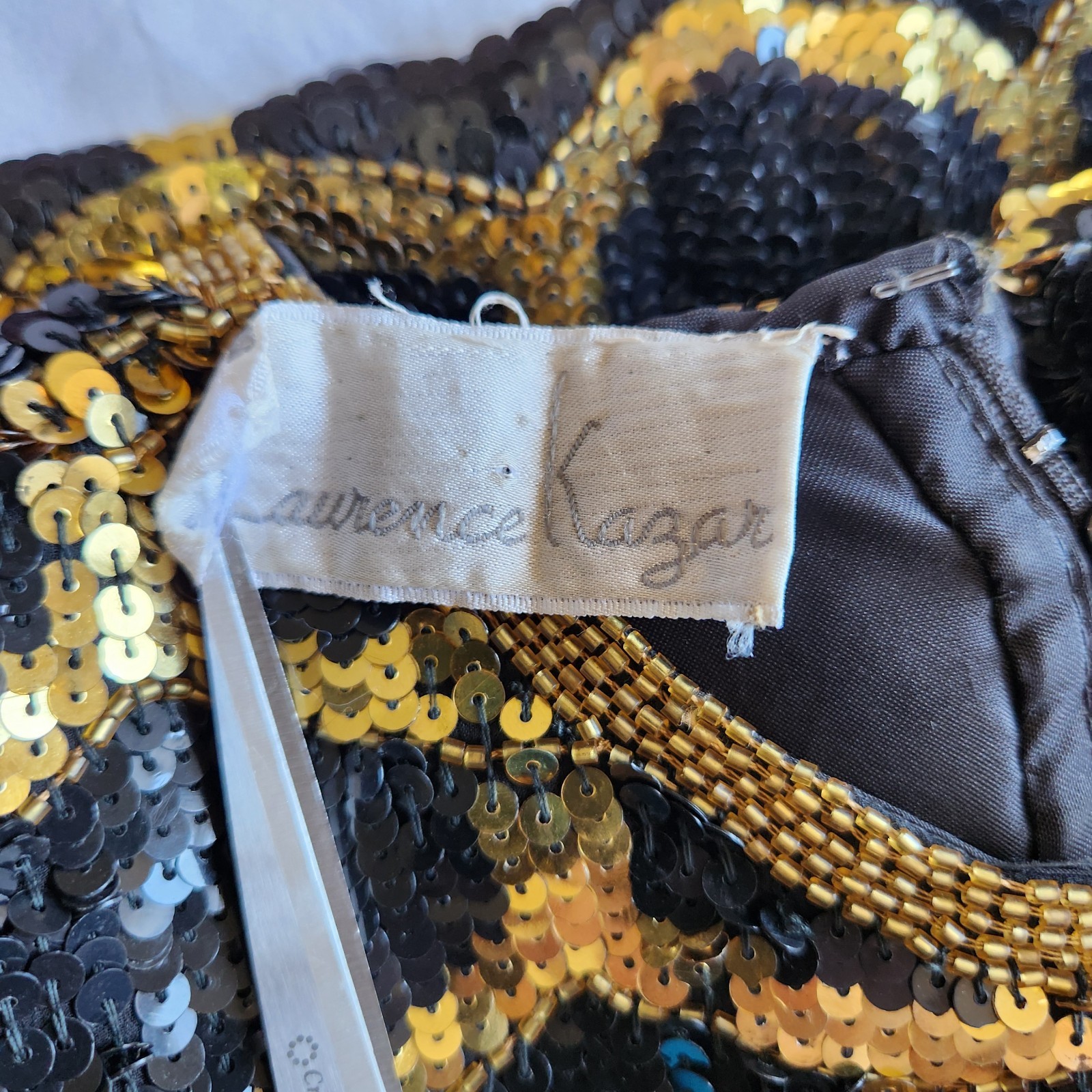 Vintage 80’s Scalloped Sequin Black Gold Silk Dress as seen on Katy Perry Size S