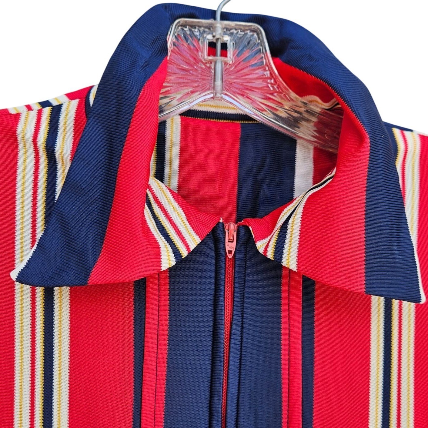 Vintage 70s California Stripe Nylon Knit Dress Red White Blue Zip Front Womens M