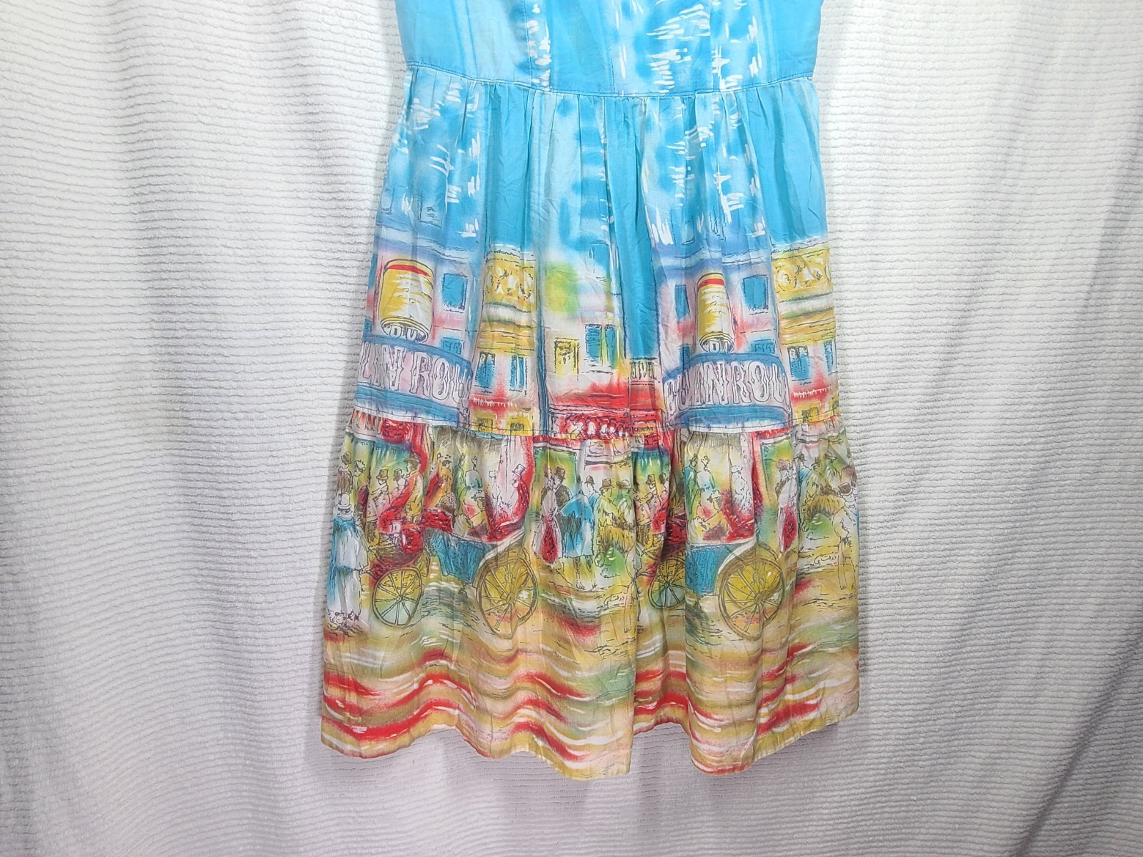 Vtg 50s Moulin Rouge Dress Border Print Tiered Skirt Novelty Cotton RARE AsIs S