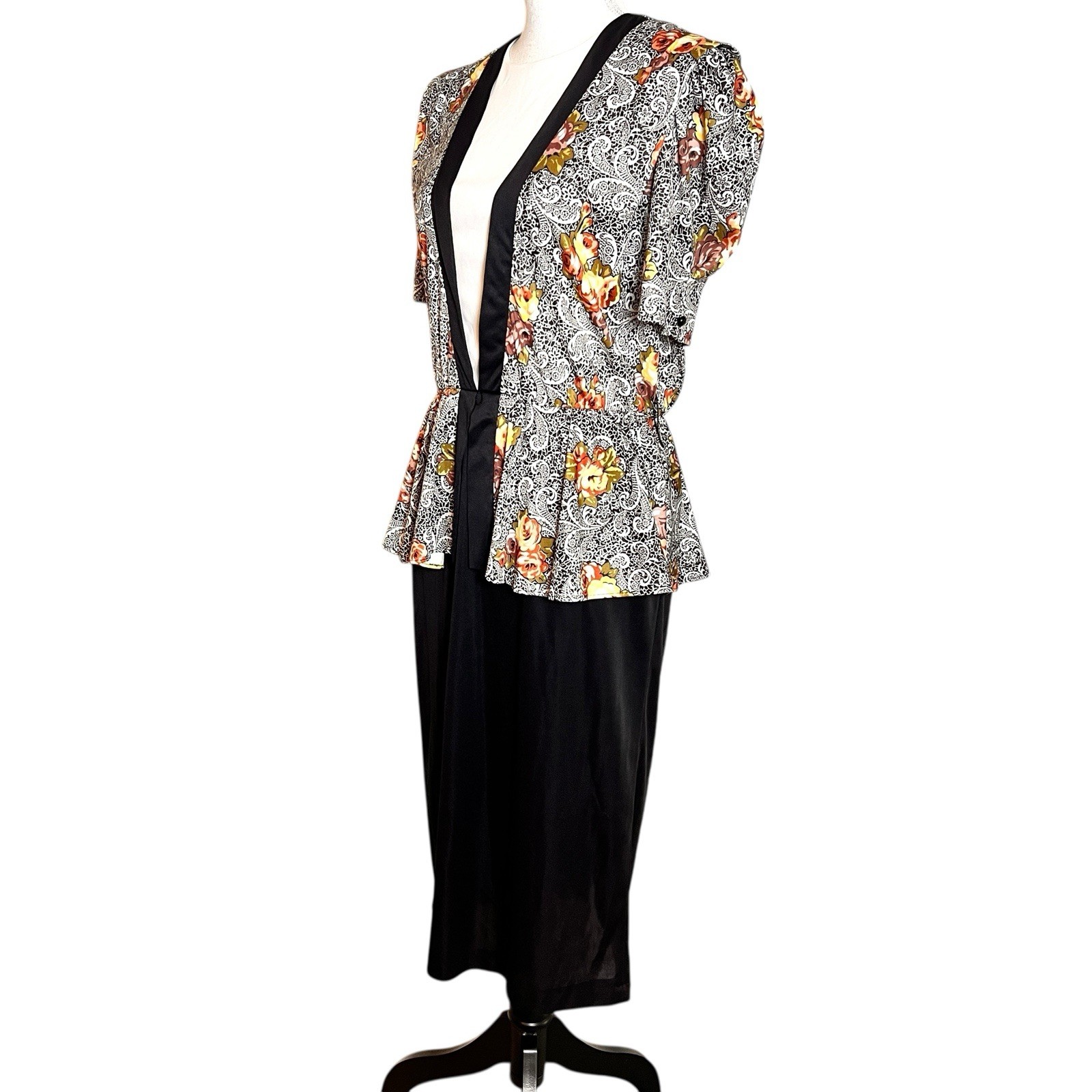Vintage Jenny Floral Paisley Print Peplum Midi Dress Black Medium Made USA 90s