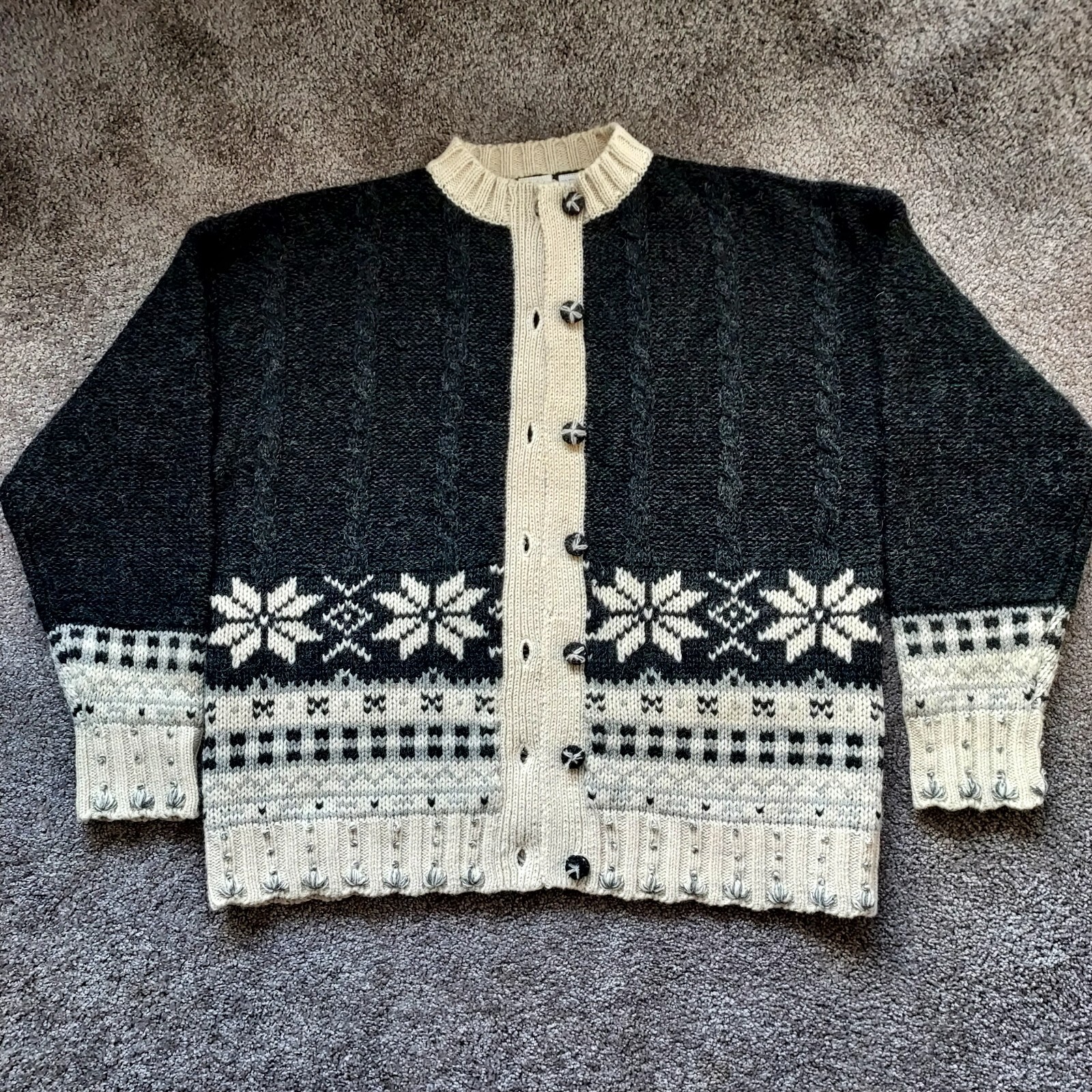 Vintage 90 s Wool Silk Blend Cardigan Size Large Black Ivory Bulky Knit Cables