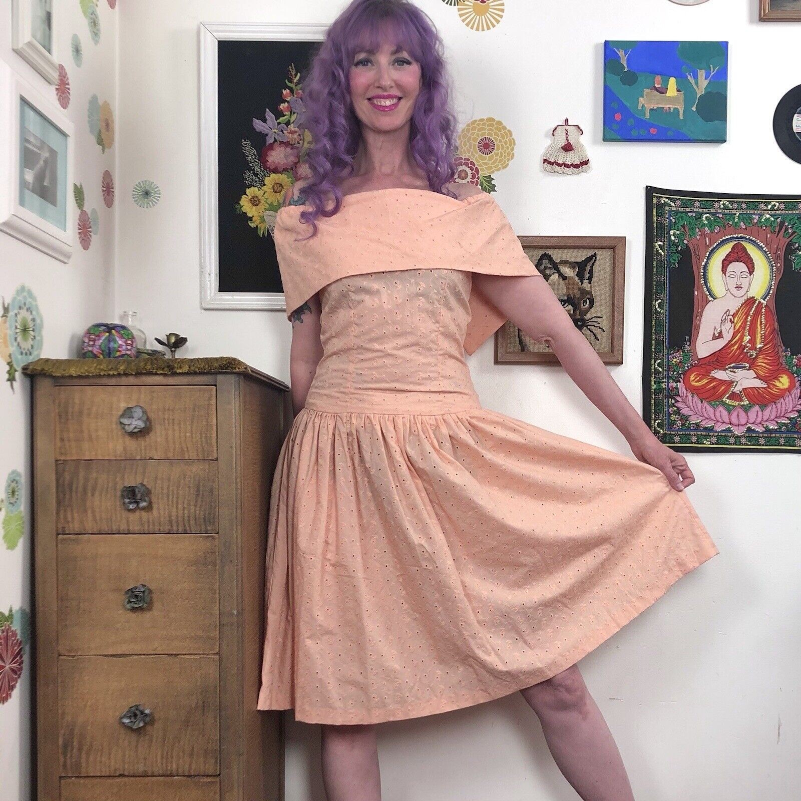 Vintage Eyelet Dress, 1980s Peach Cotton Cottagecore Dress, Off-Shoulder Size S