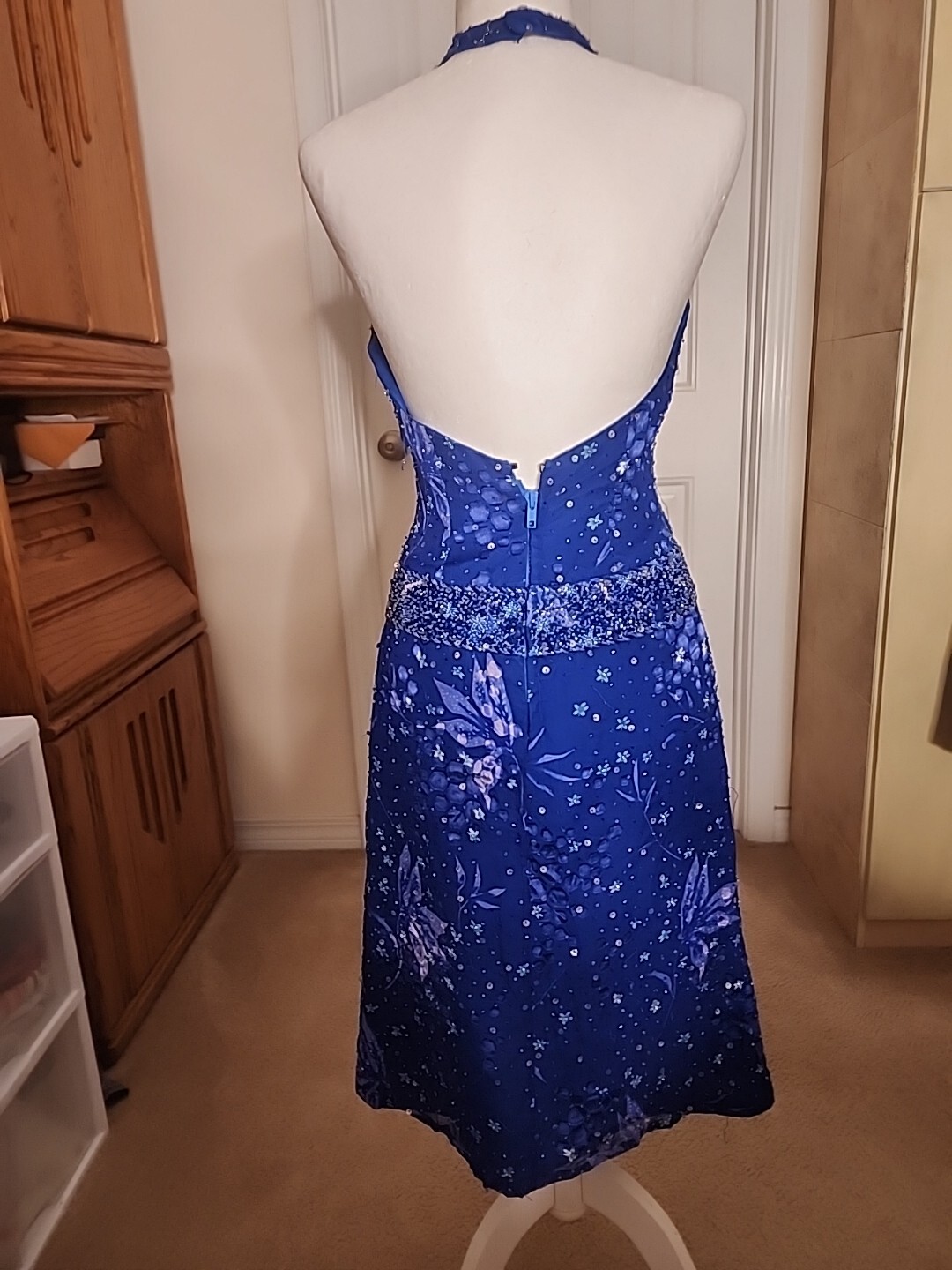 Costume Co Electric Blue Handmade Halter Dress Beaded & Sequins Broadway History