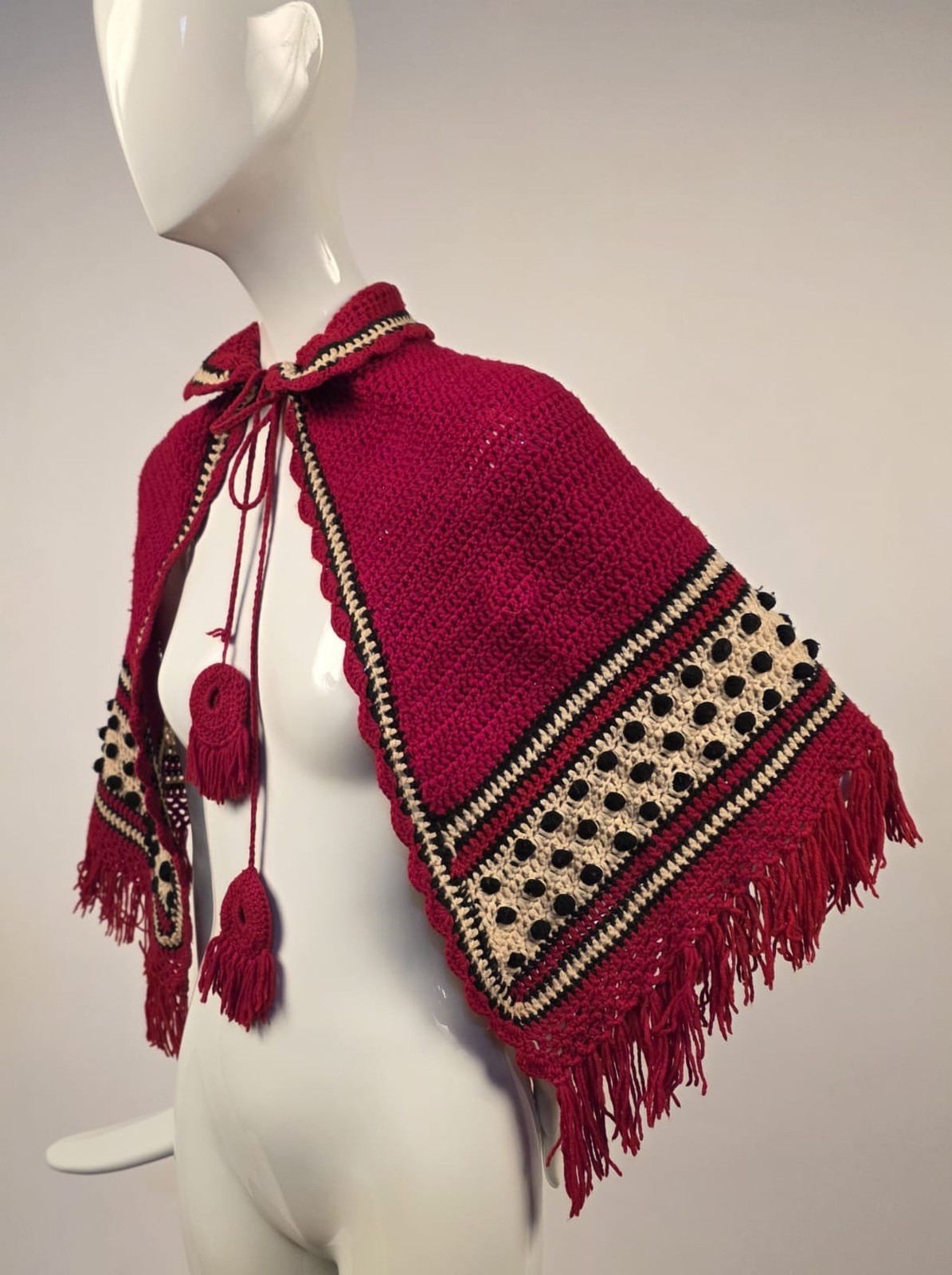 VICTORIAN 19TH C HAND KNIT CAPE W ORNATE TASSEL TRIMMED TIES