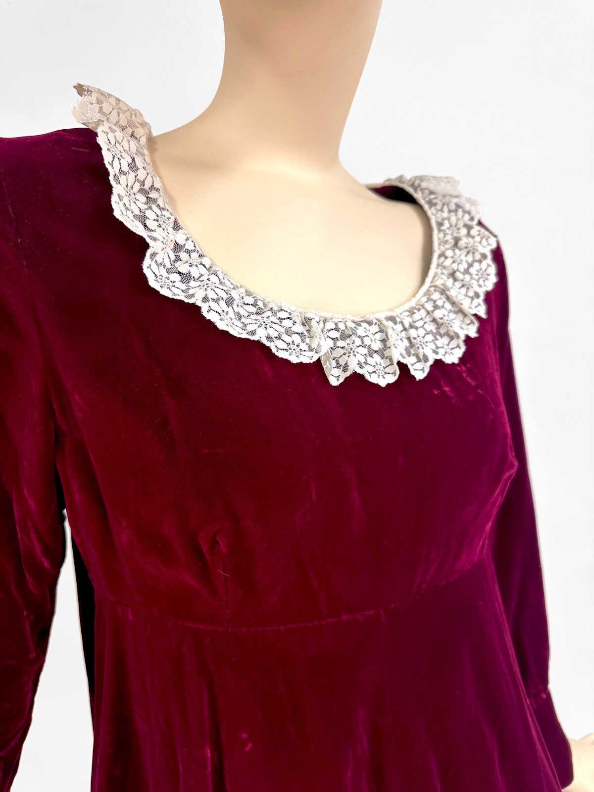 Vintage Dark Red Velvet Mini Dress Empire Lace Ruffle Long Sleeve Mod M/L