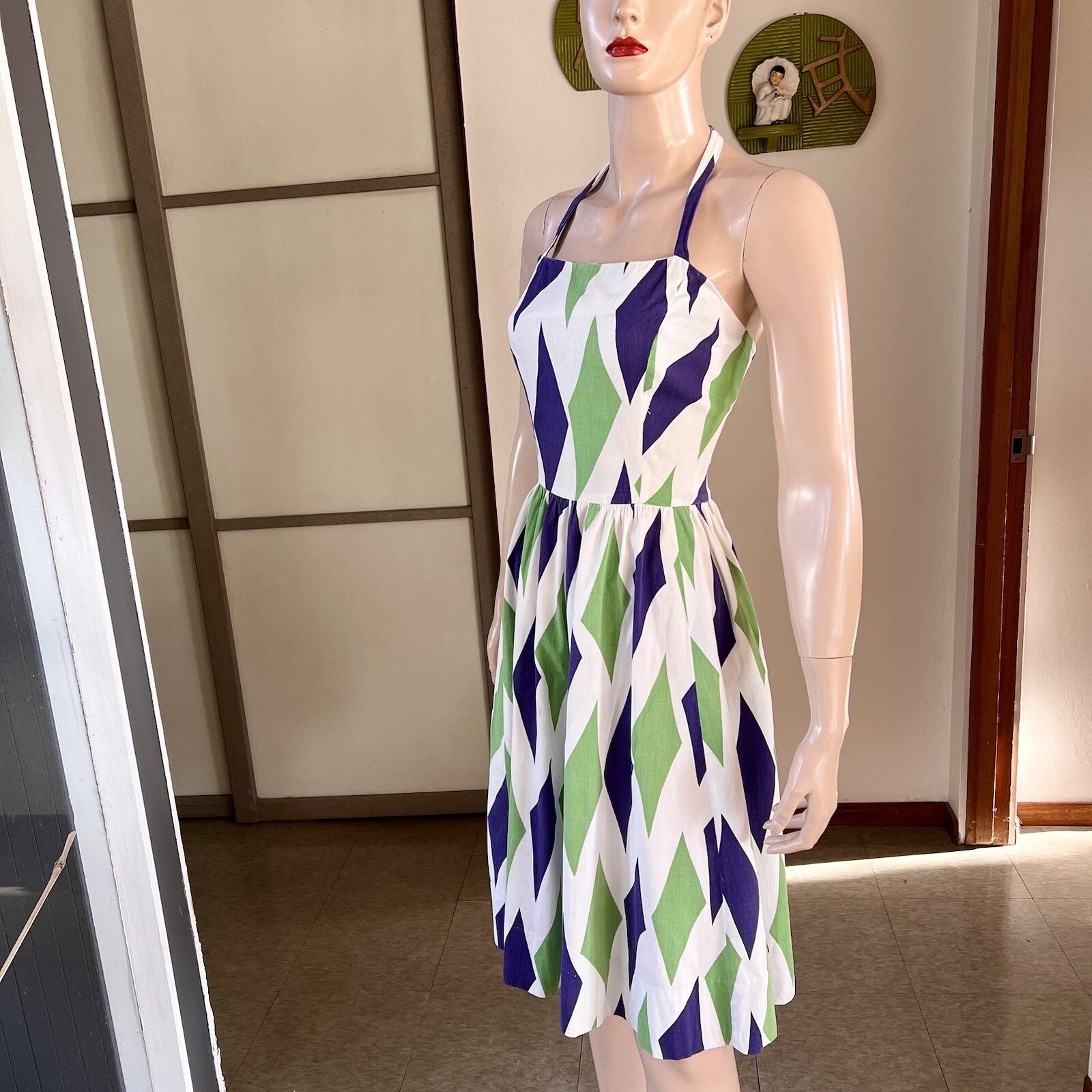 1950s or 60s vintage harlequin print cotton halter sun dress 27w