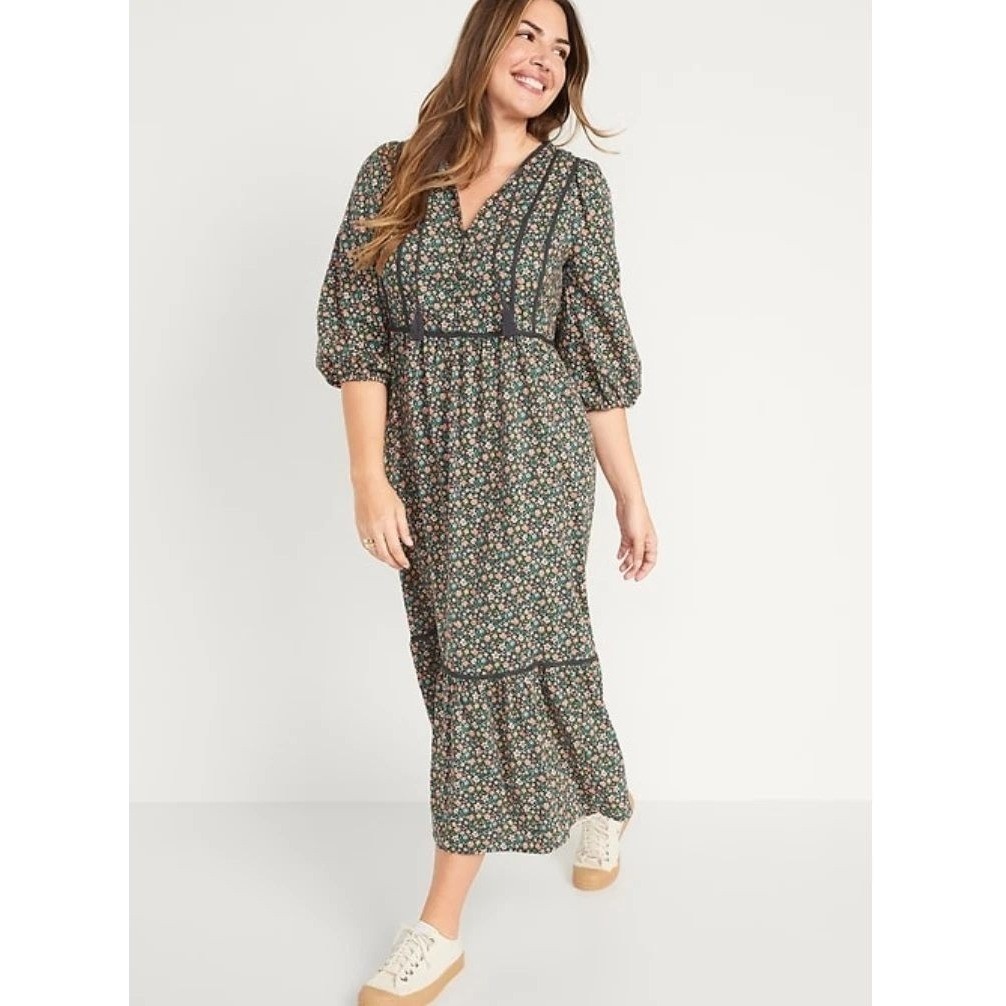 Old Navy Floral Maxi Dress Long Sleeve Tiered Boho Cottage Prairie XL TALL NWT