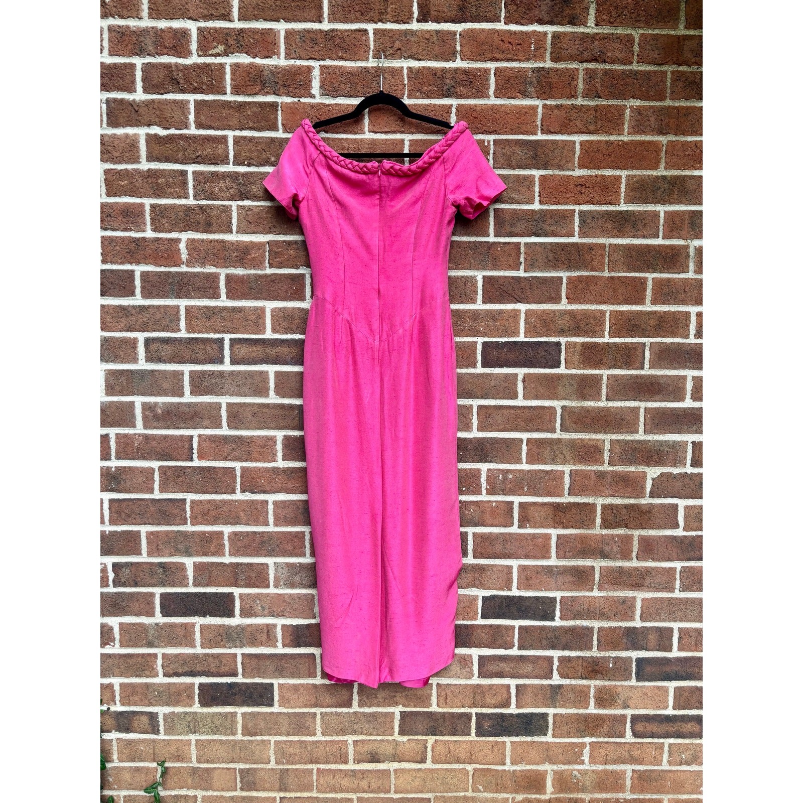 Vintage 1990s Watters Hot Pink Evening Gown Braided Neckline Midi Dress AS IS