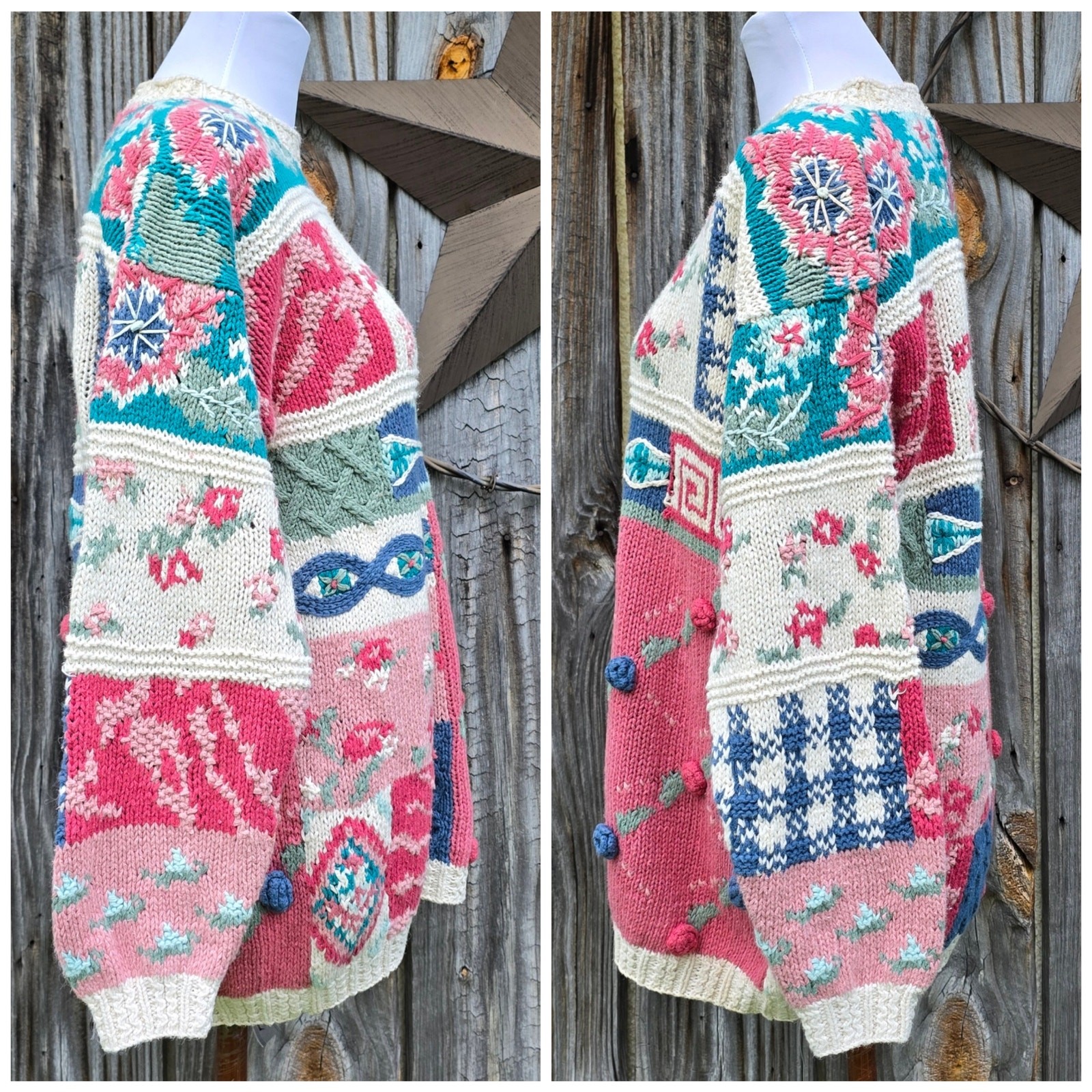 Patchwork Sweater Crystal Kobe Size Petite Medium Pink Blue Beige Floral Vintage