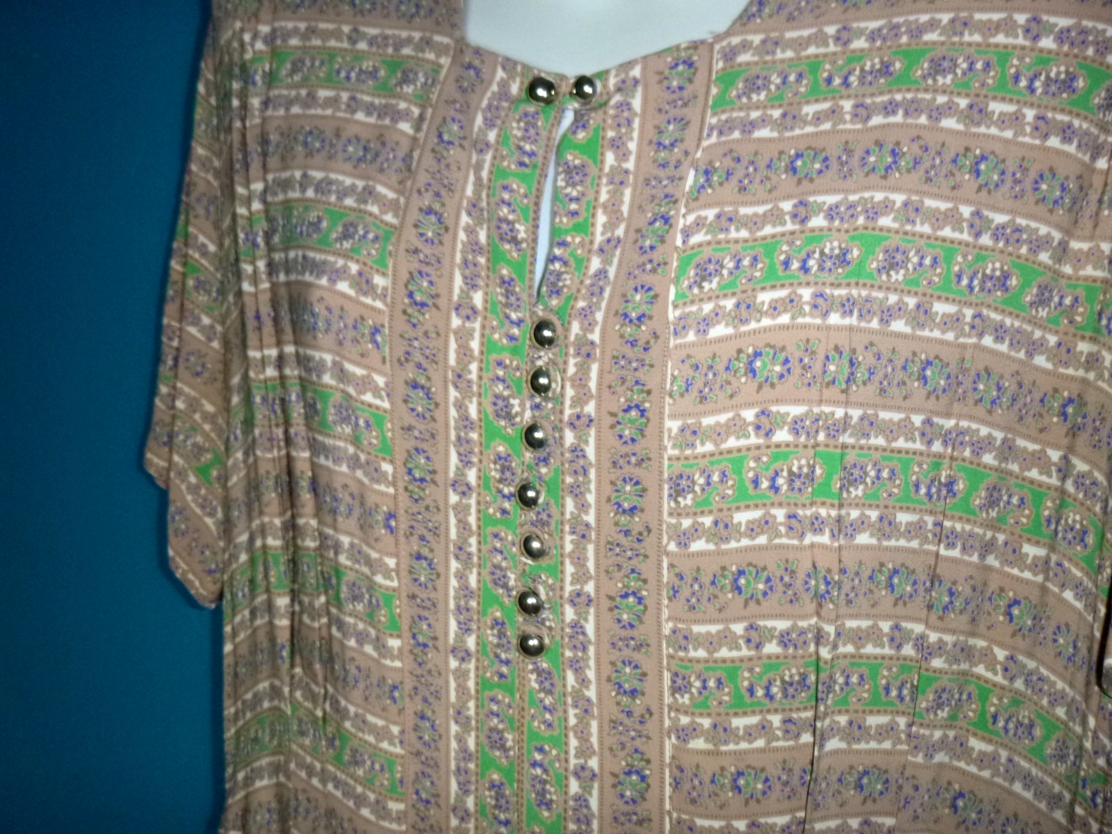 Vtg 40s 50s Rayon Dress Green Tan Blue Floral Stripes W/ Peplum VOLUP Sz XL