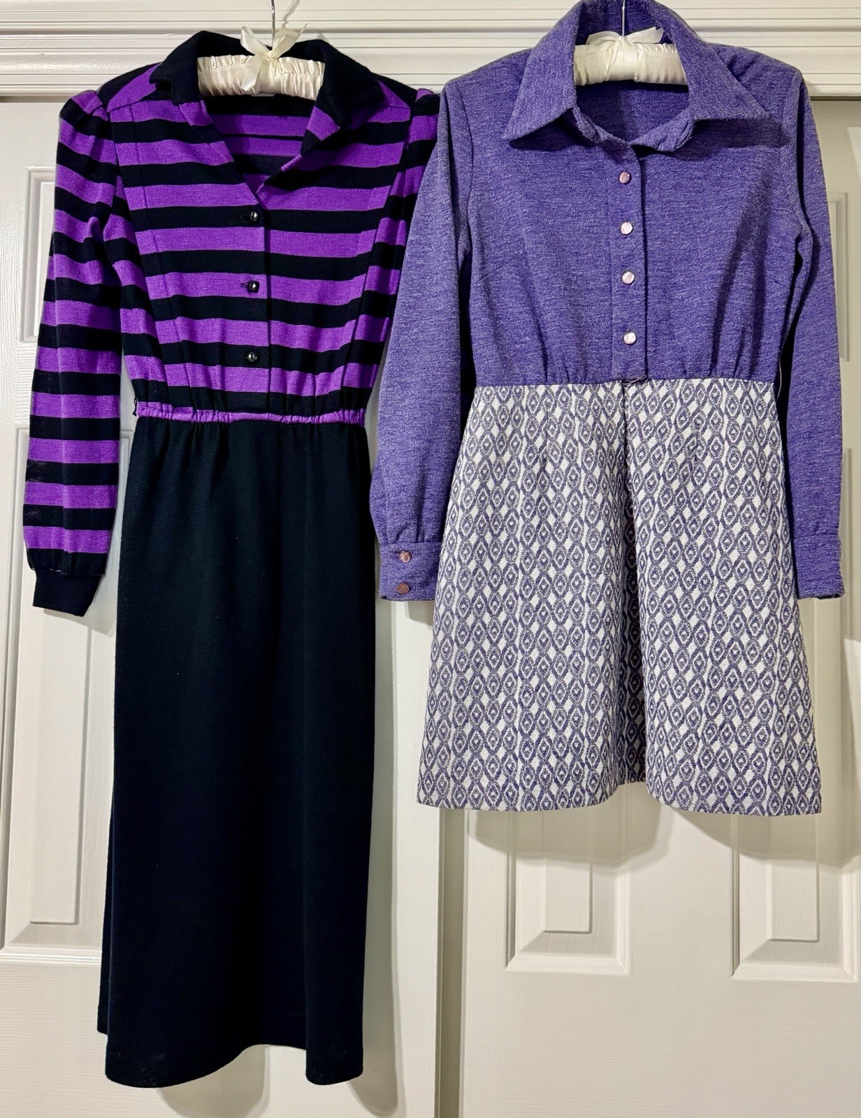 2 Vintage 1970s Women’s Purple Dresses- Black & Purple Stripe & Purple Print
