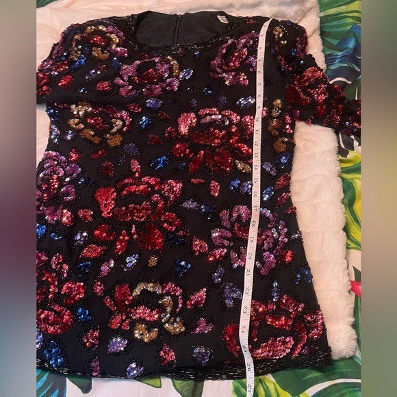 Vintage 80s Womens Party S 100% Silk Black Red Pink Floral Beaded Sequin Blouse