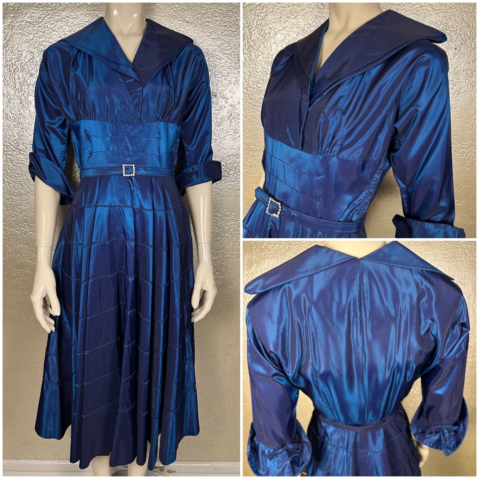 Vintage 1950s Ladies Dark Blue Iridescent Cocktail Dress Full Skirt With Belt SM