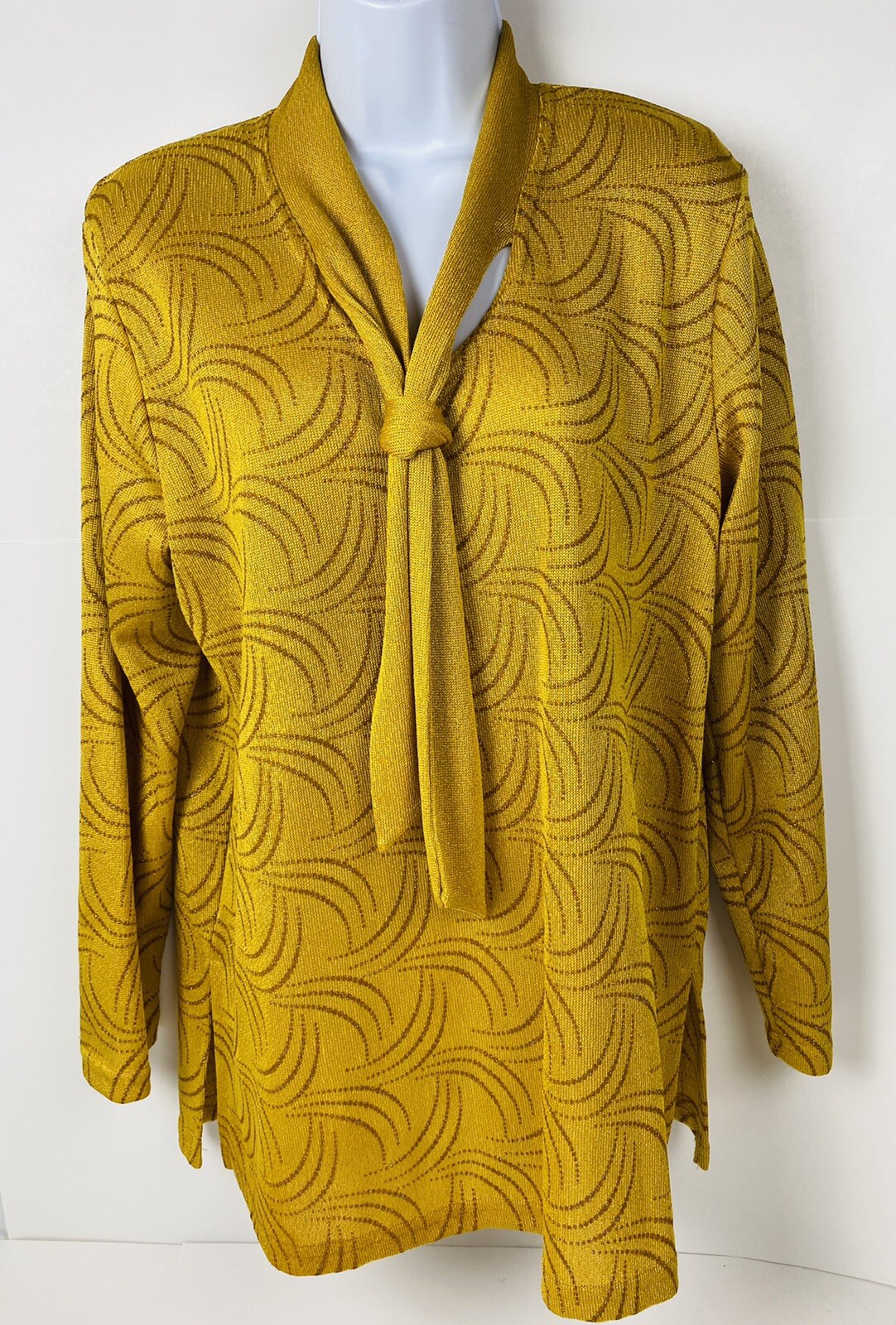 Vintage Groovy Blouse MCM Tie Collar Metallic Thread Print Gold Colored Large