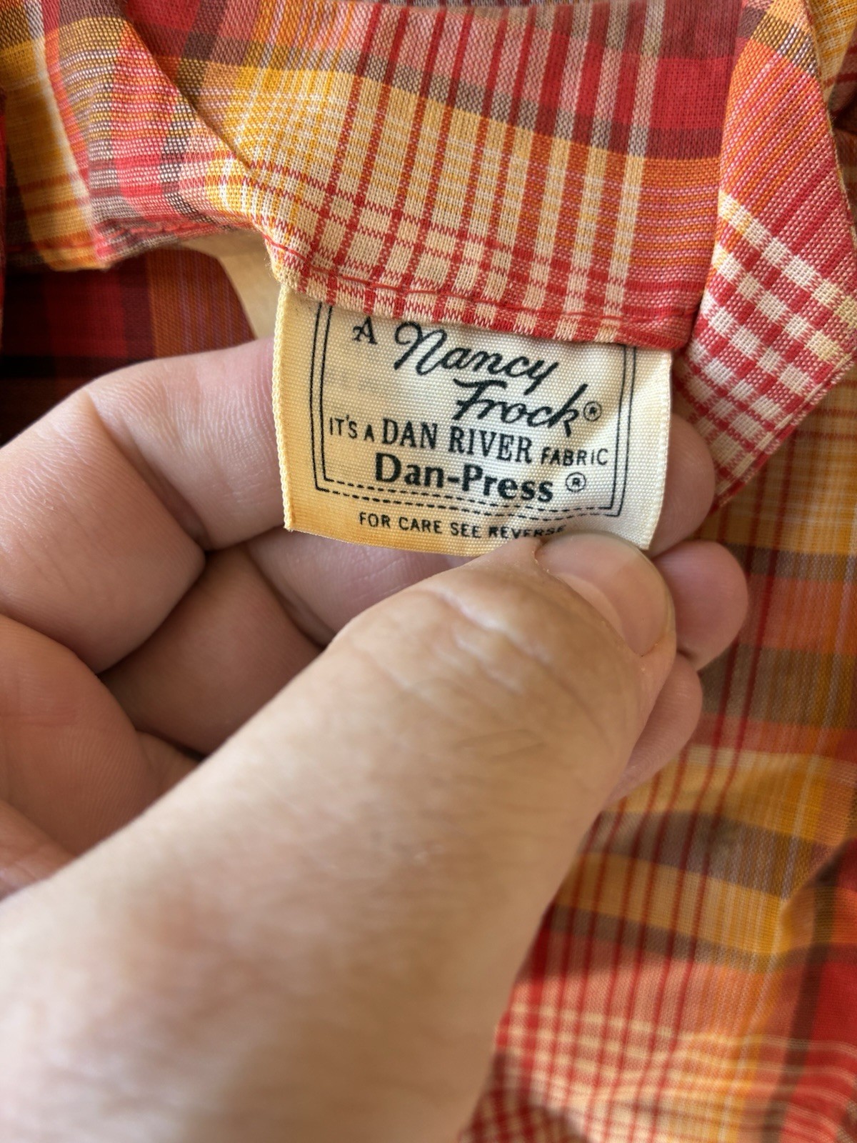 Vtg 60s Orange/Yellow Plaid Dress Dan River Nancy Frock 1 Pockets Button Up!