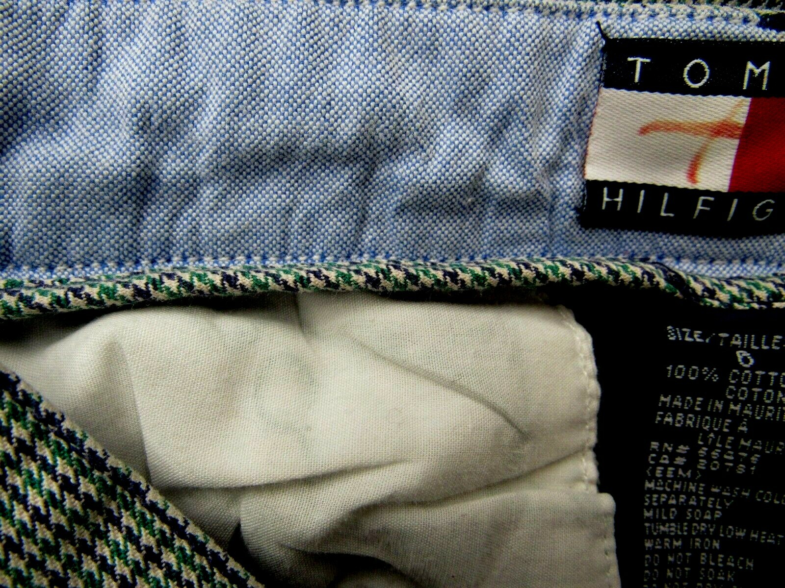 VTG TOMMY HILFIGER Cotton Pants Houndstooth Teal Blue Navy 26 1/2 x 30 1/2 6 EUC