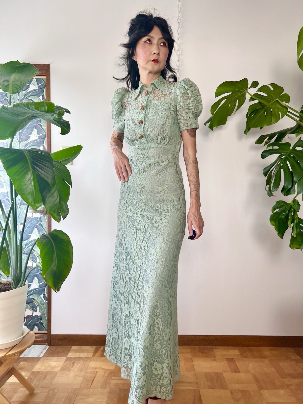 1930s Seafoam Green Floral Sheer Lace Puff Sleeves Gown Dress XS/S Old Hollywood