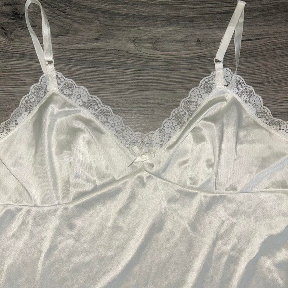 Vintage White satin slip dress with lace trim and adjustable straps size small