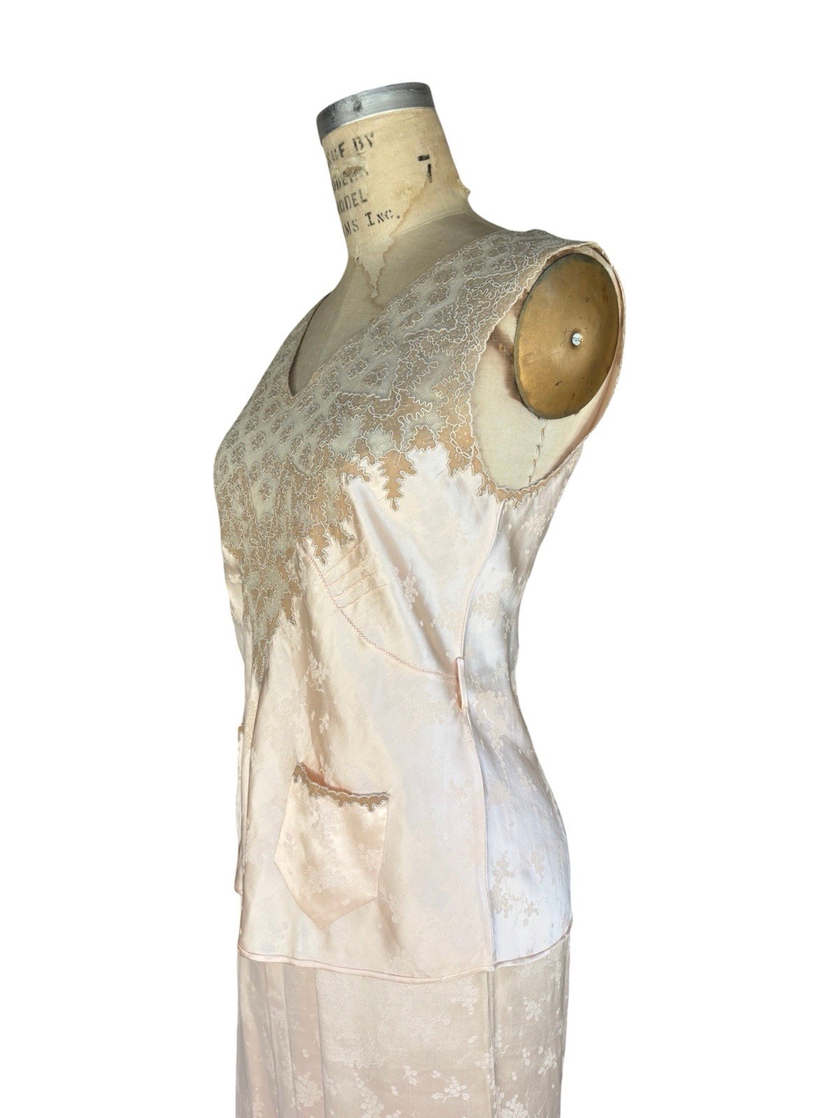 1930s silk jacquard blush pink 3 pc loungewear ensemble bias cut bridal Pajama