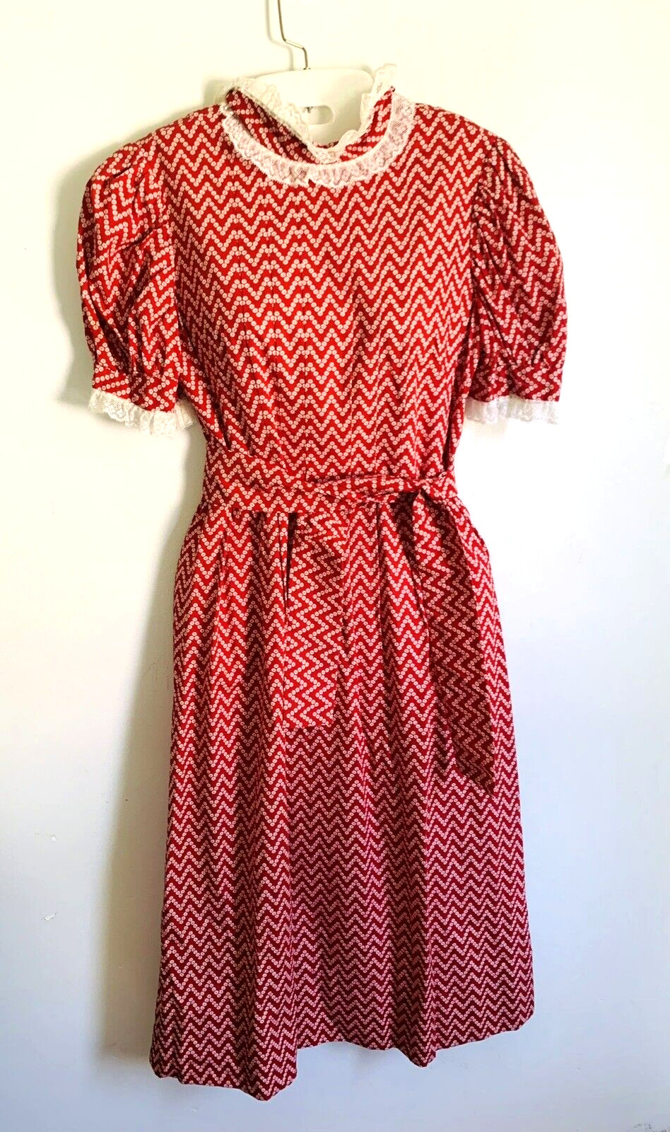 Vintage Handmade Woman S? Read Midi Dress Red White Cottage Core Prarie S/S