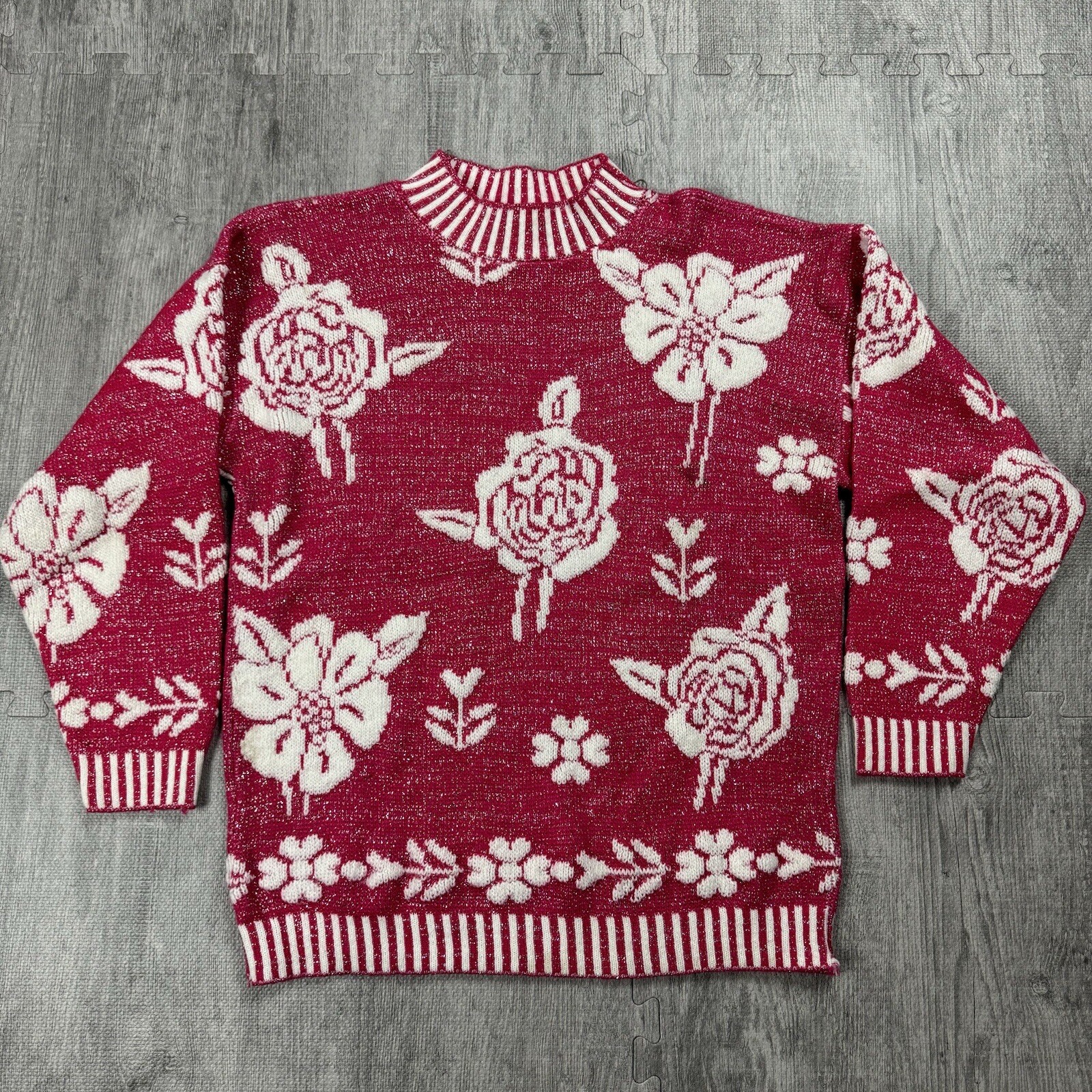 VTG 80S GLAMOUR KNIT SWEATER USA MADE METALLIC PINK FLORAL ROSE VIBRANT OS WMNS