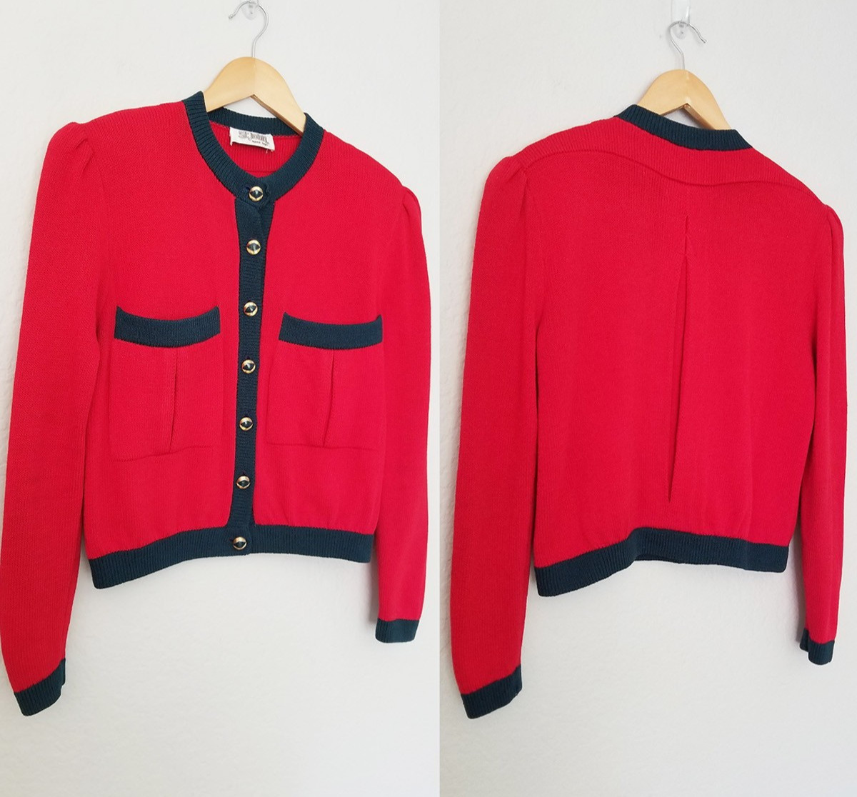 St. John Mary Gray Vintage Red Blue Button Up Cardigan Crop Santana Knit Size 10