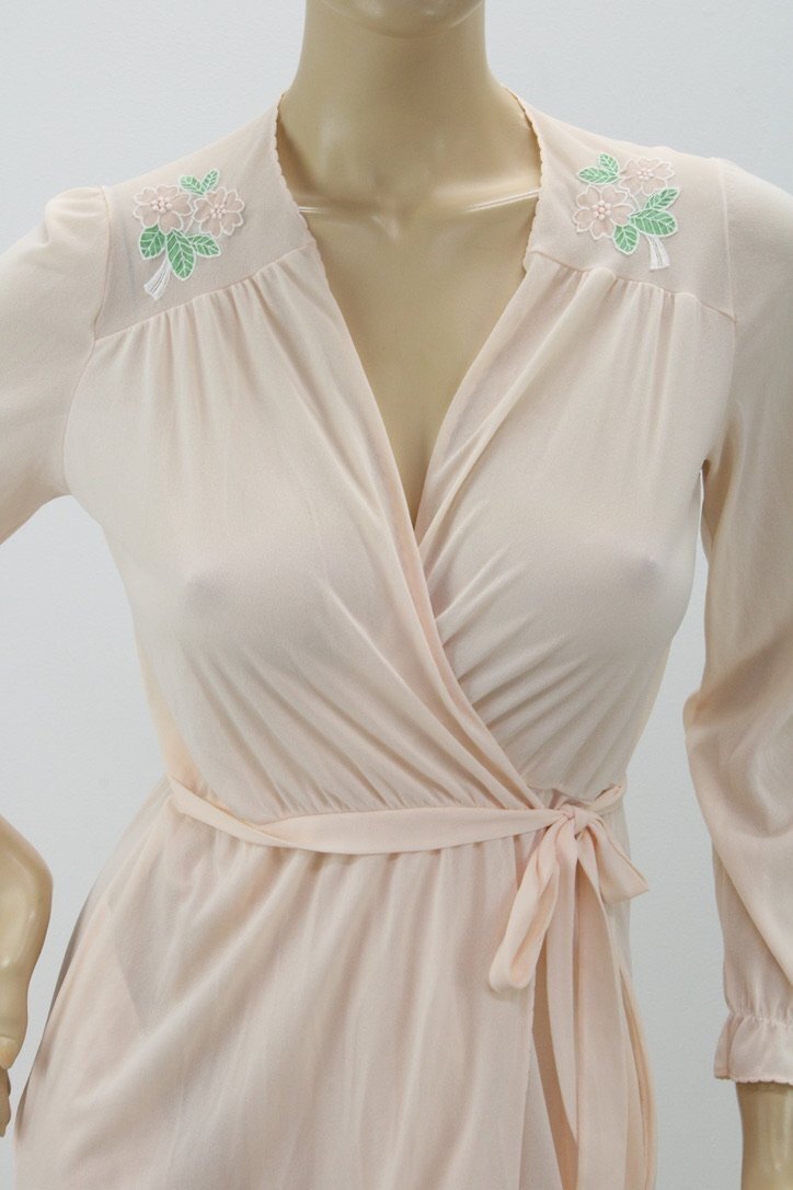Jolie Two Long Peignoir Robe Small Nylon Peach Wrap Around Robe USA VTG