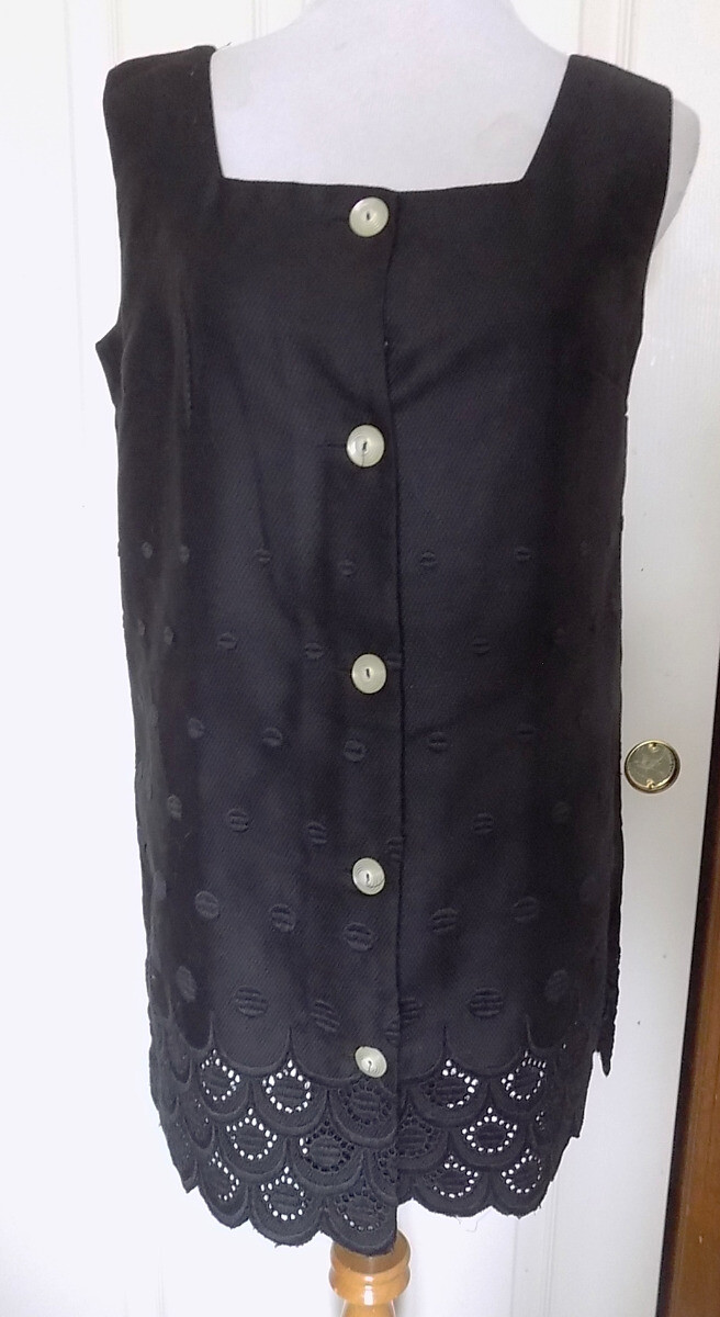 Vintage Black Woven Cotton Tunic Top Embroidered Dots Crochet Hem B38 Linnex