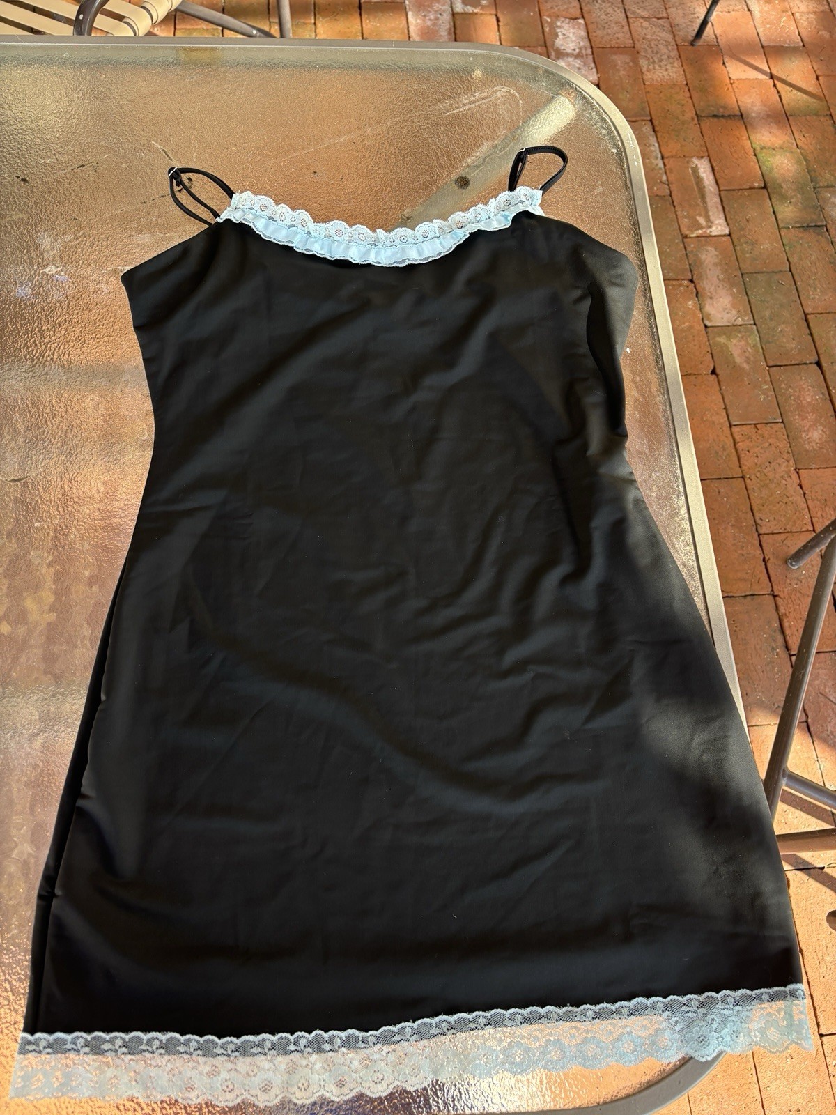 Finesse Women’s Black Slip Dress with Blue Lace Trim, Blue Accents, Size M