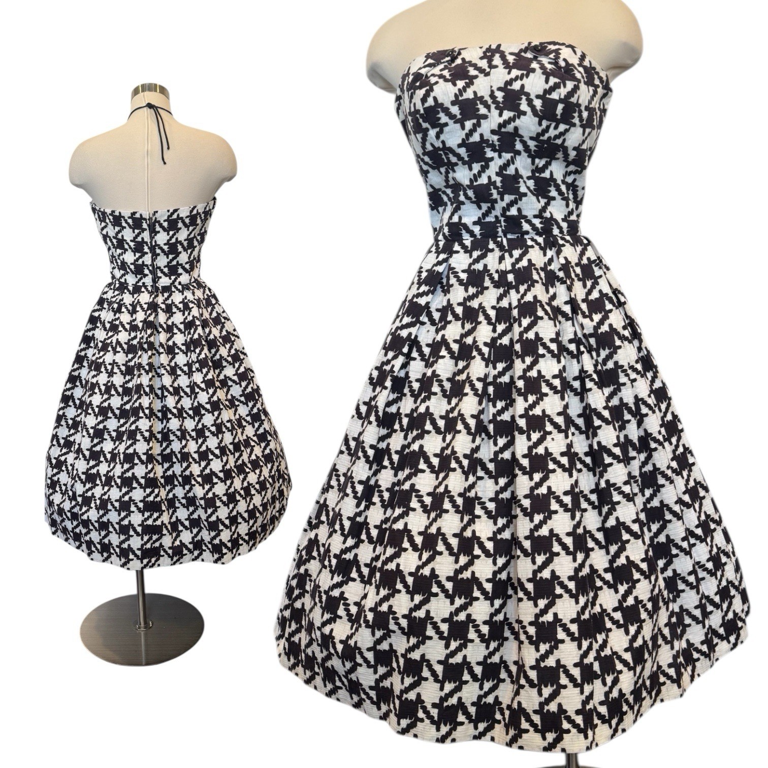 Vintage 50s Houndstooth Check Strapless New Look Fit & Flare Party Dress Town M