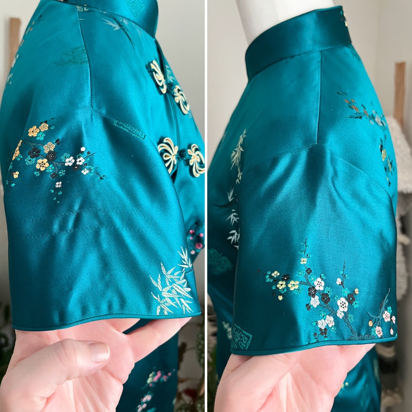 Vintage 1960’s Silk Blue Green Hue 60s Cheongsam Qipao Dress Floral Embroidery