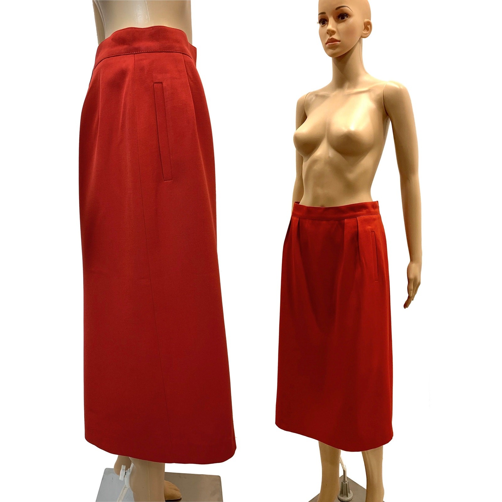 Vintage Ted Lapidus Brick Red Wool Midi Skirt France Straight Lined W 29.5″